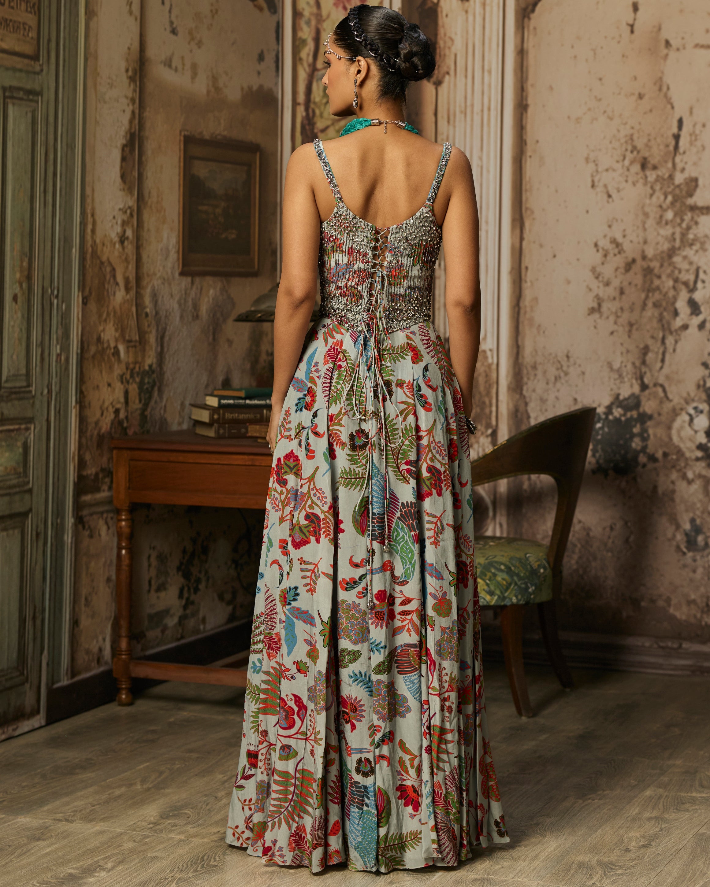 Slate Grey Printed And Highlighted Corset Gown
