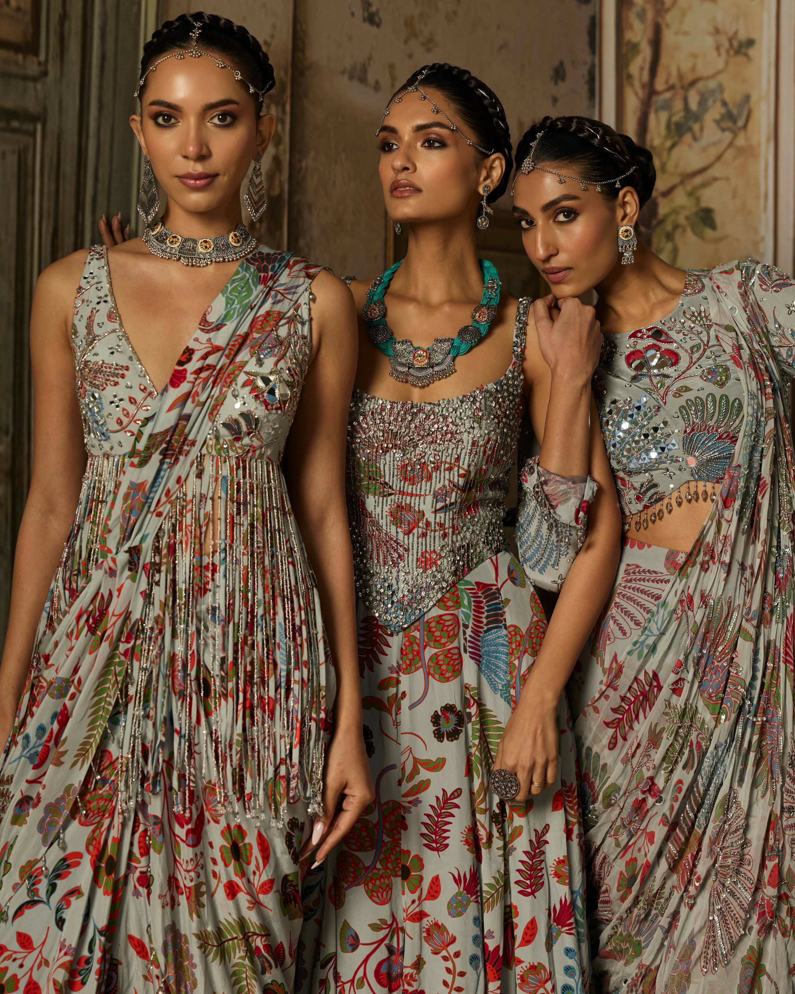 Slate Grey Printed And Highlighted Corset Gown