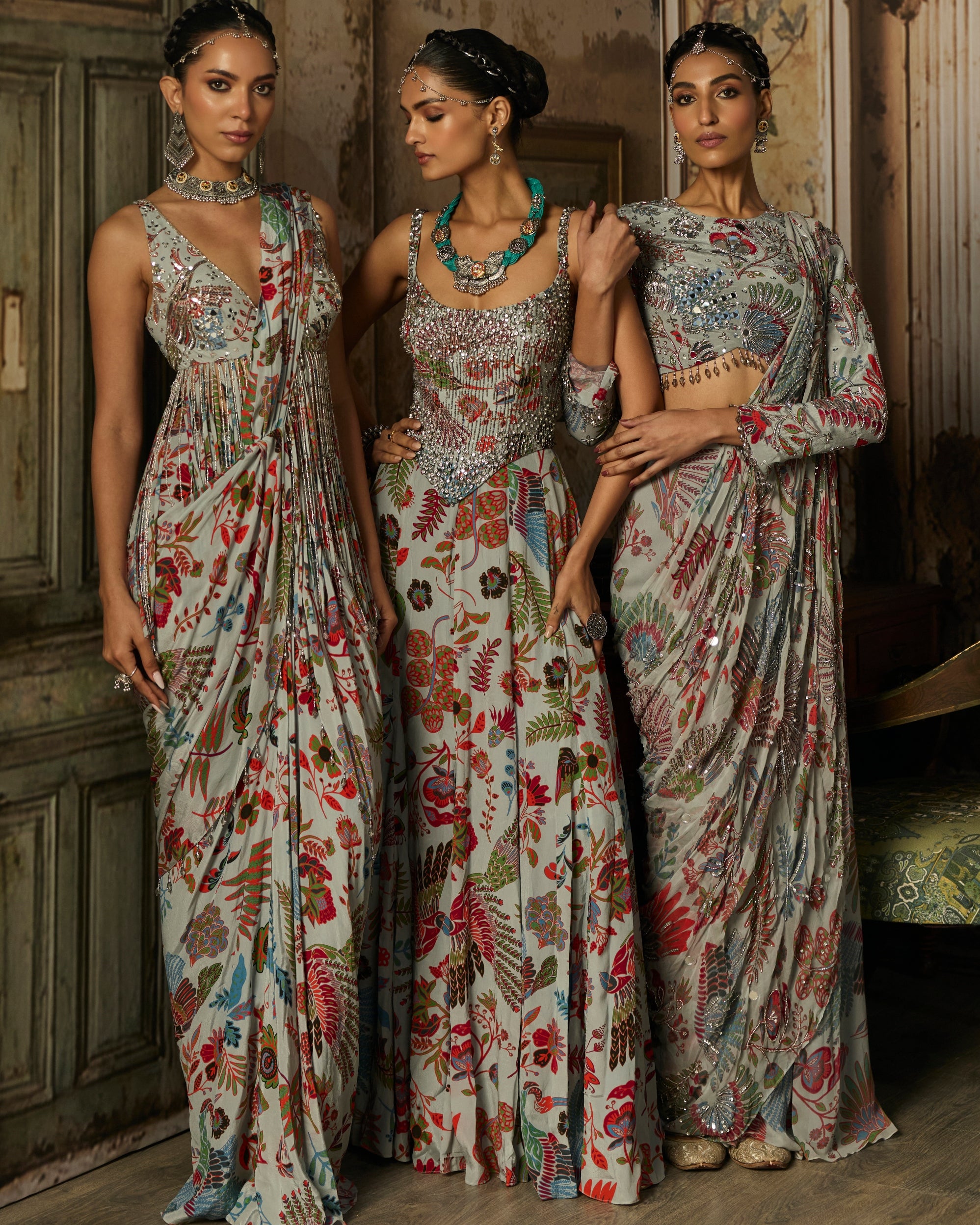 Slate Grey Printed And Highlighted Corset Gown