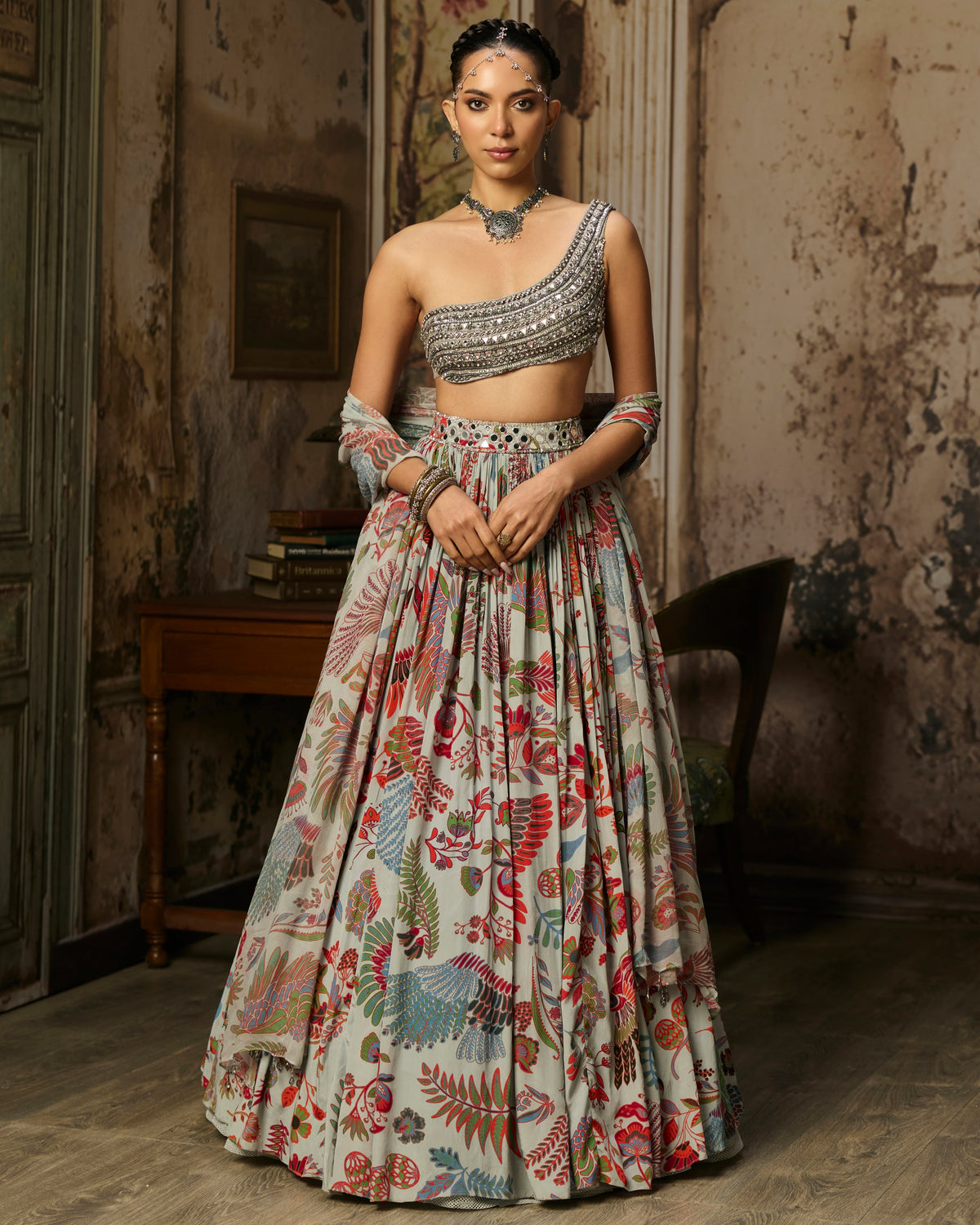 Slate Grey Embroidered Blouse With Printed Lehenga Set