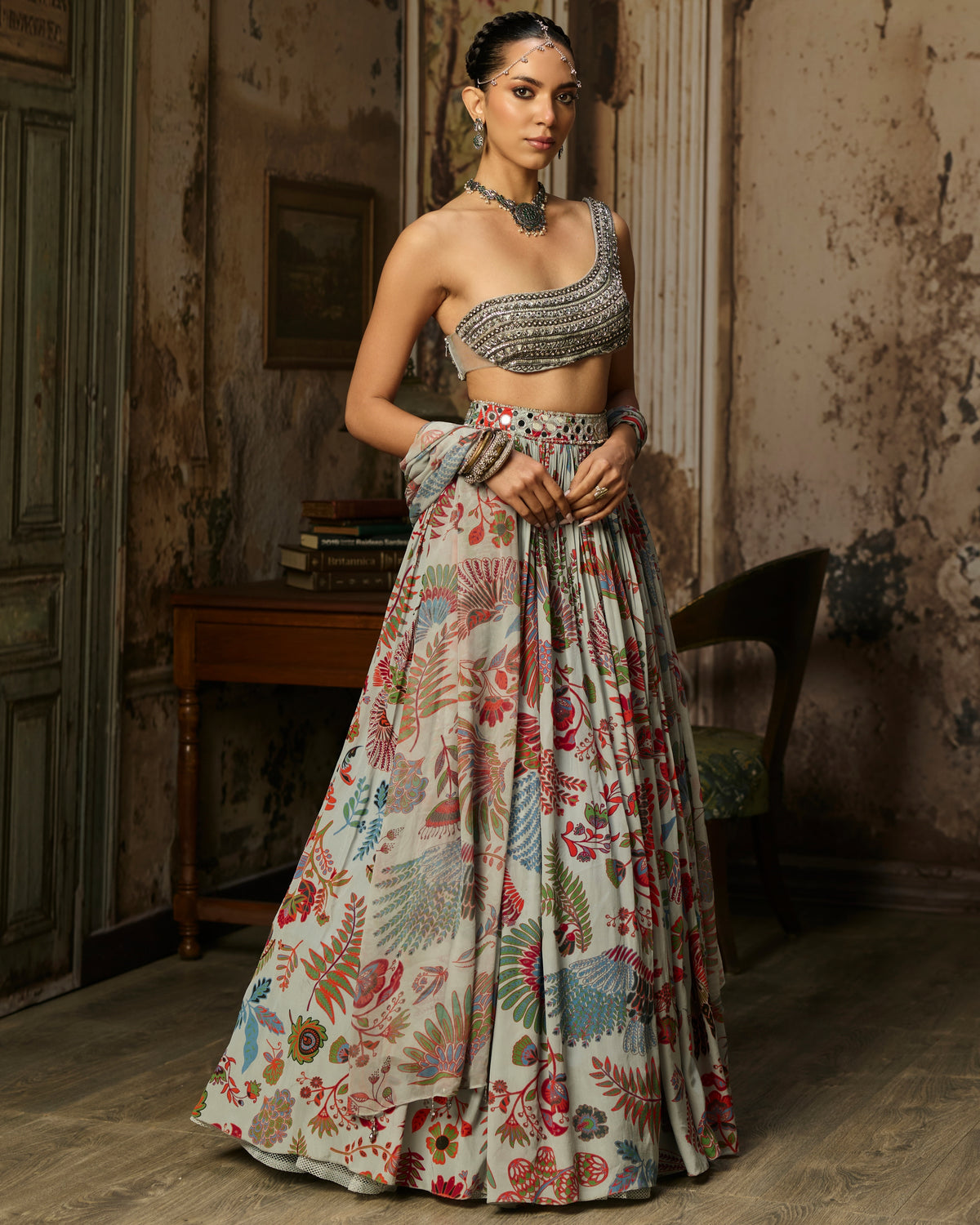 Slate Grey Embroidered Blouse With Printed Lehenga Set