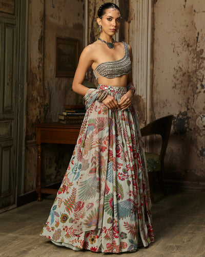 Slate Grey Embroidered Blouse With Printed Lehenga Set