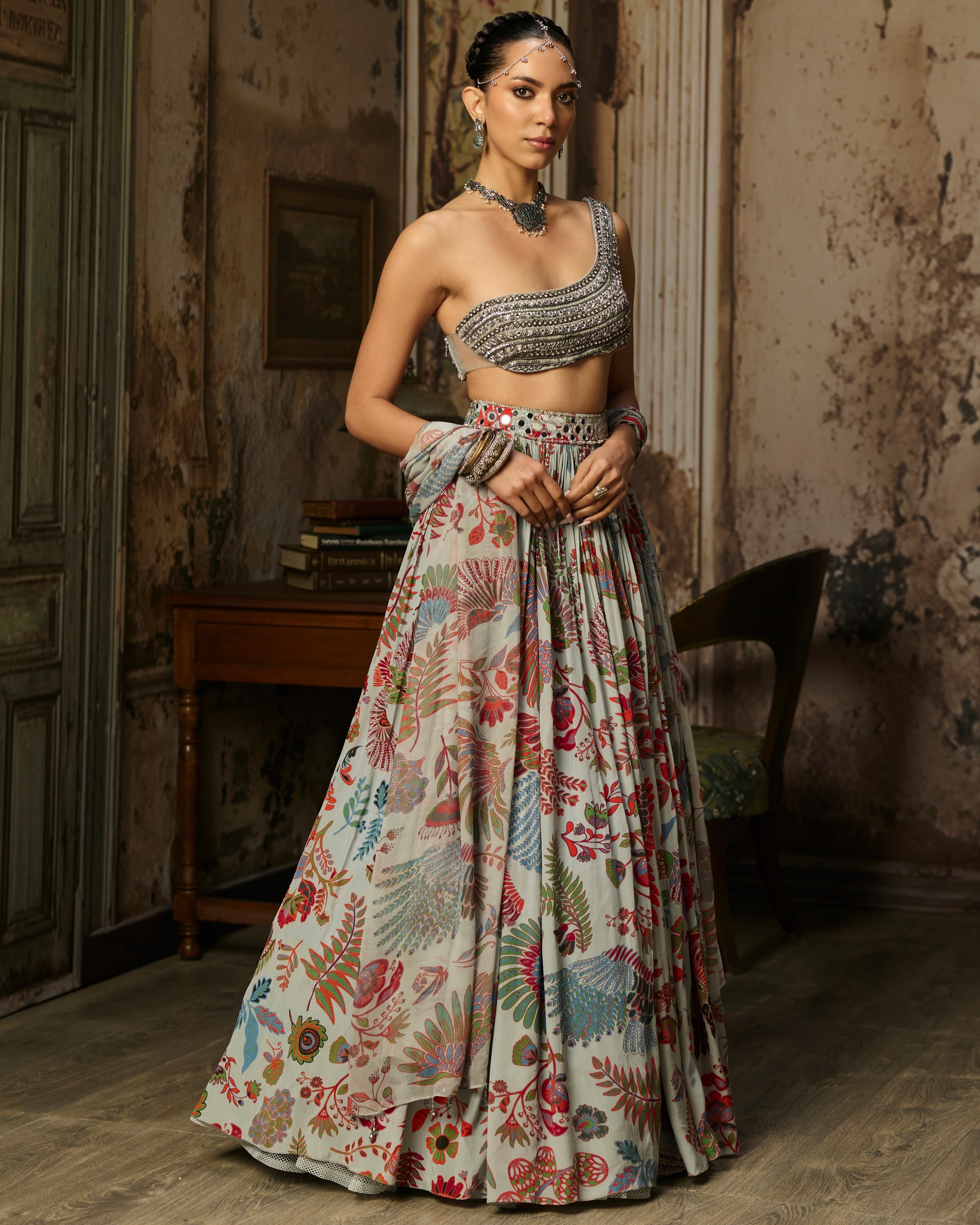 Slate Grey Embroidered Blouse With Printed Lehenga Set