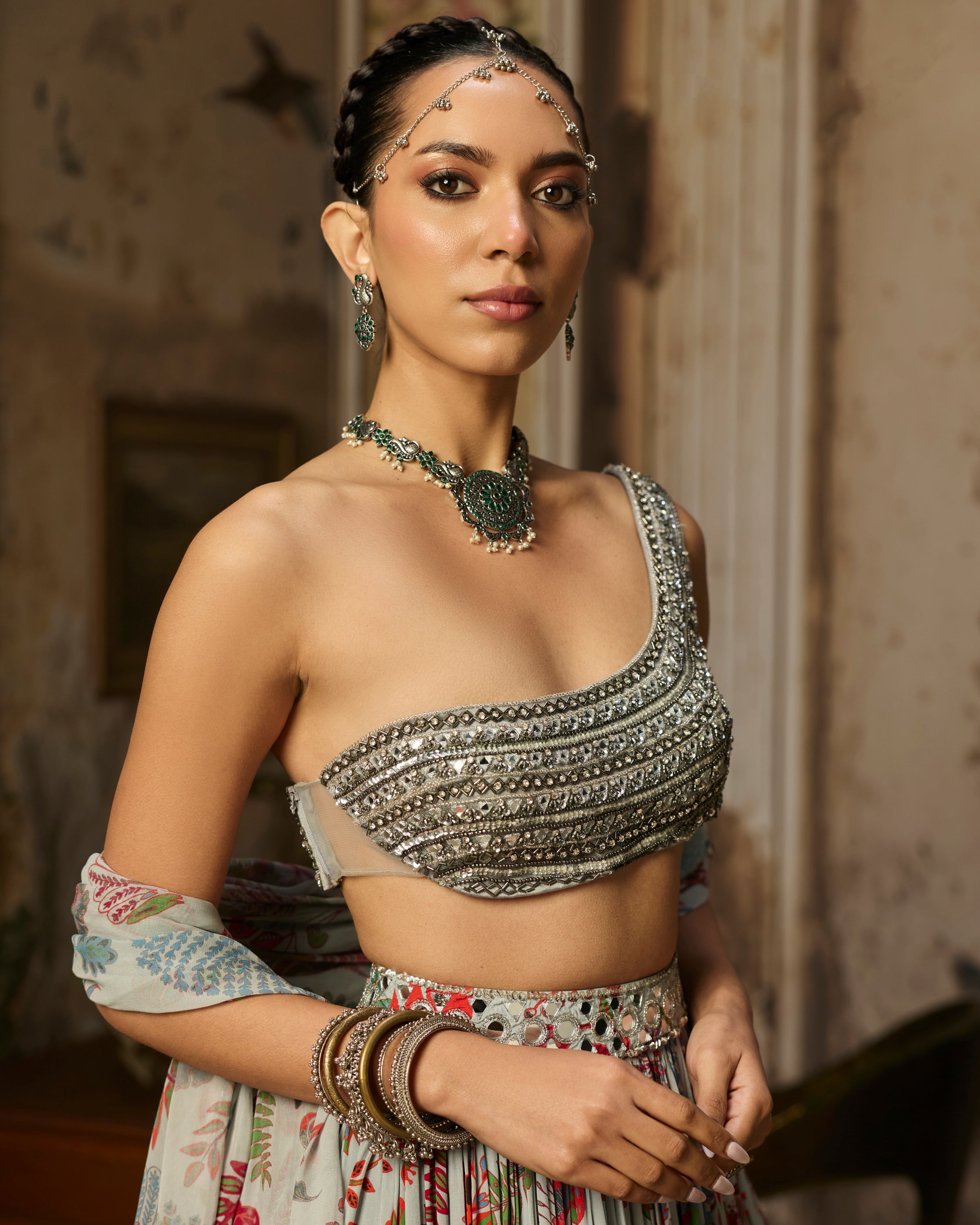 Slate Grey Embroidered Blouse With Printed Lehenga Set