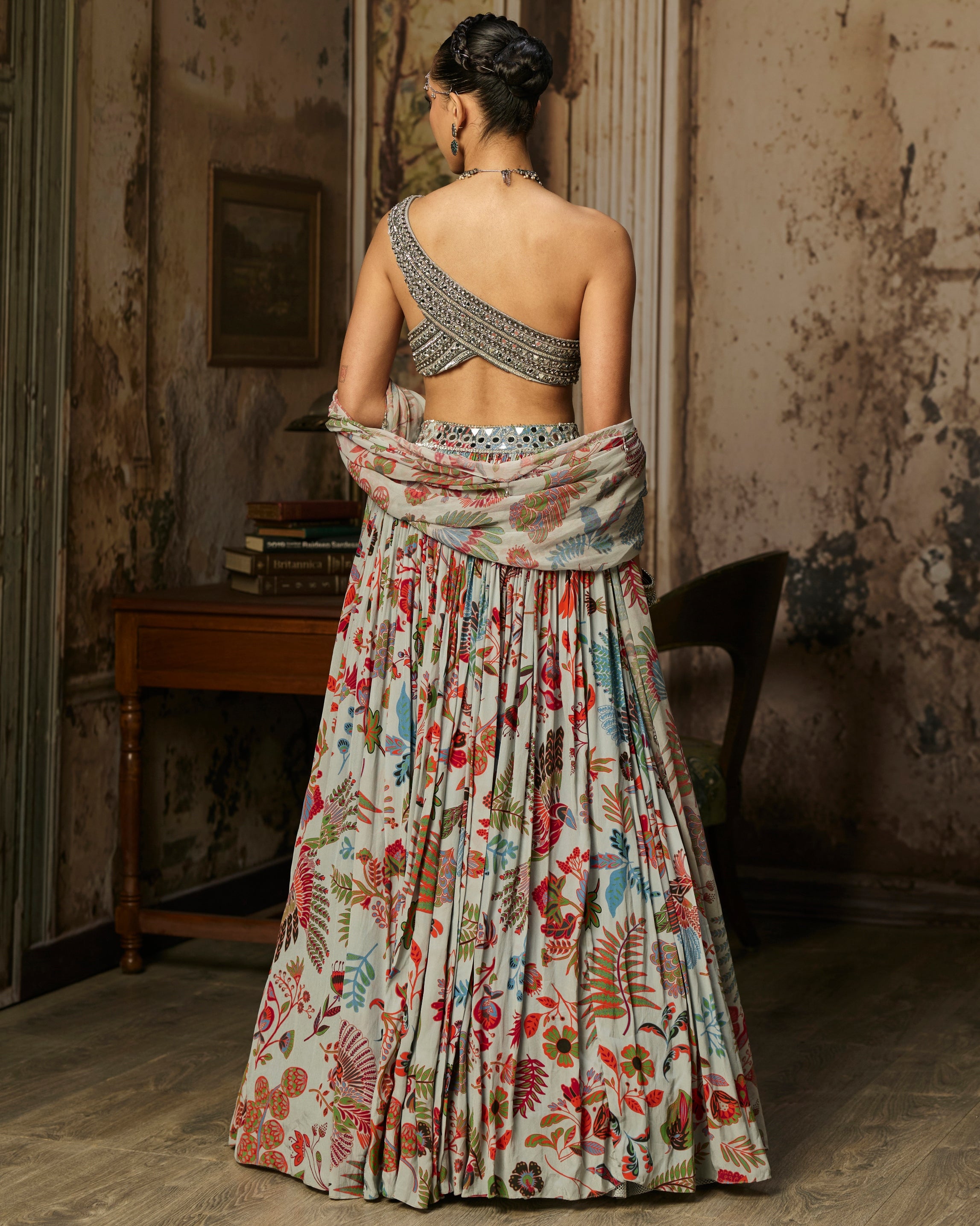 Slate Grey Embroidered Blouse With Printed Lehenga Set