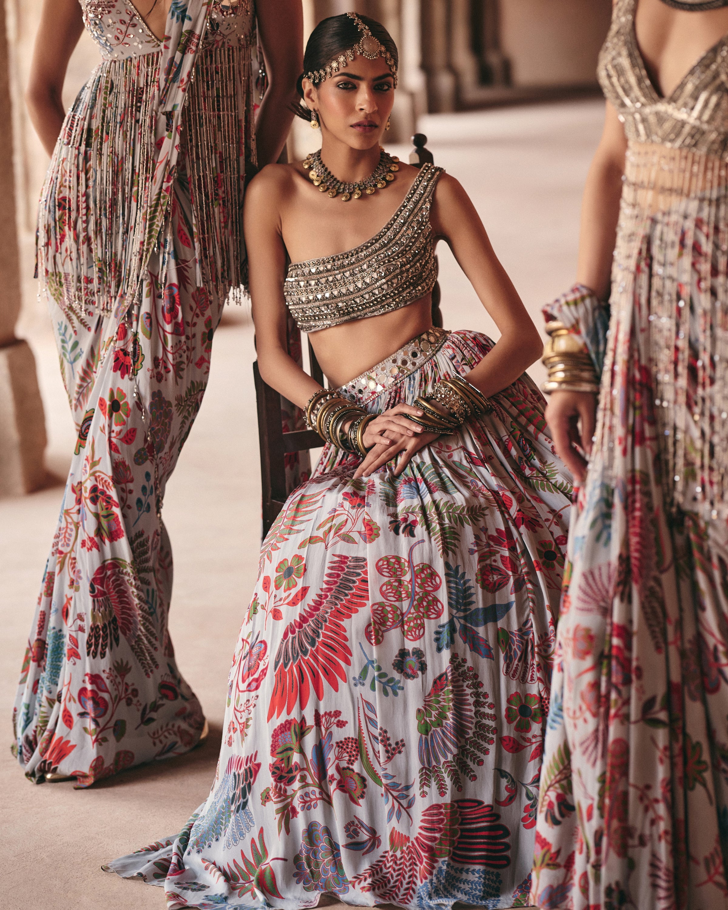 Slate Grey Embroidered Blouse With Printed Lehenga Set