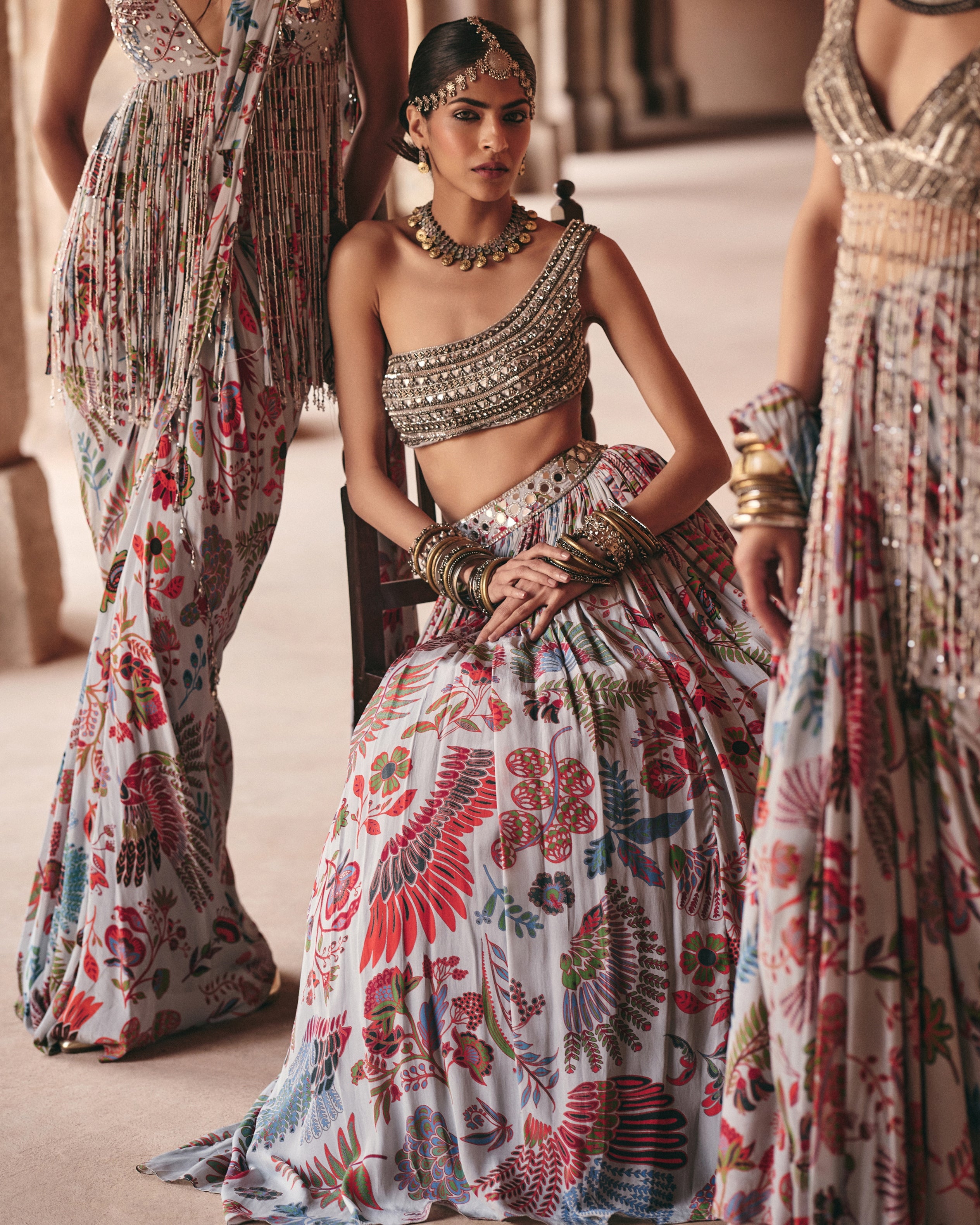 Slate Grey Embroidered Blouse With Printed Lehenga Set