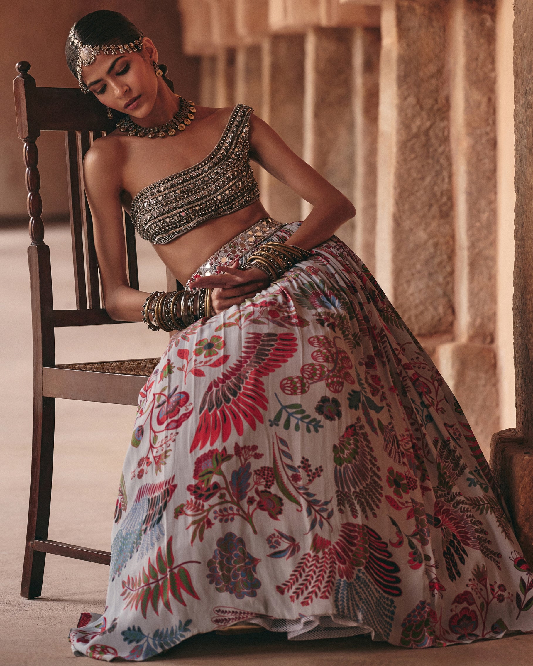 Slate Grey Embroidered Blouse With Printed Lehenga Set