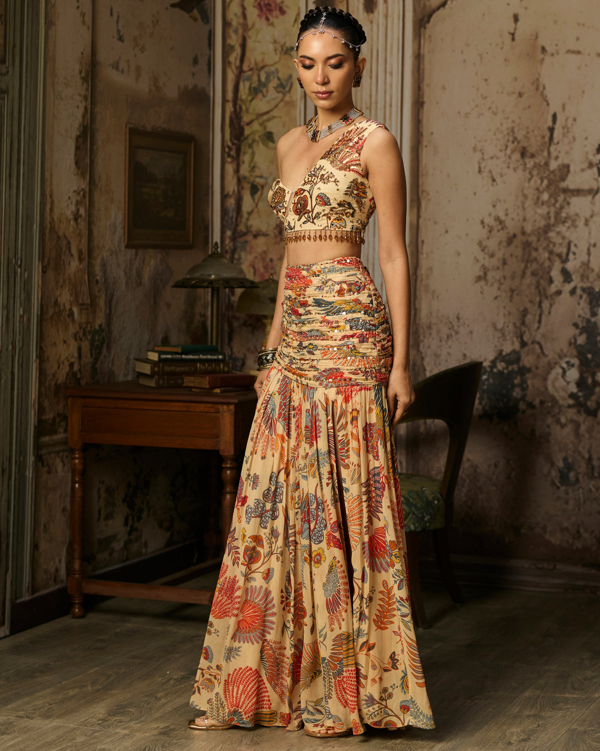 Beige Printed And Highligted Blouse With Skirt Set