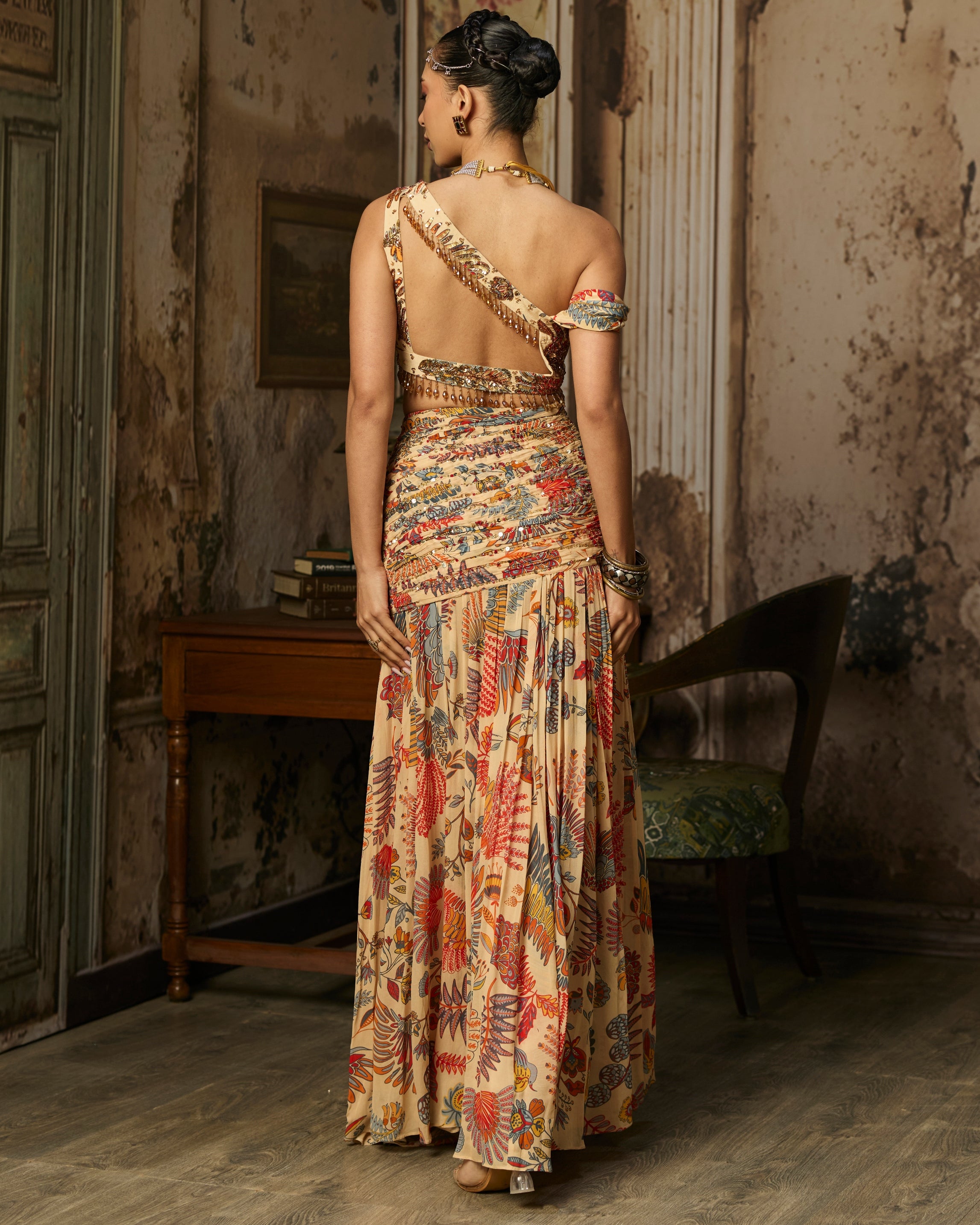 Beige Printed And Highligted Blouse With Skirt Set