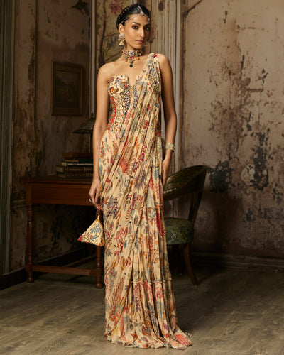 Beige Printed And Highlighted Corset With Tiered Skirt Sari Set