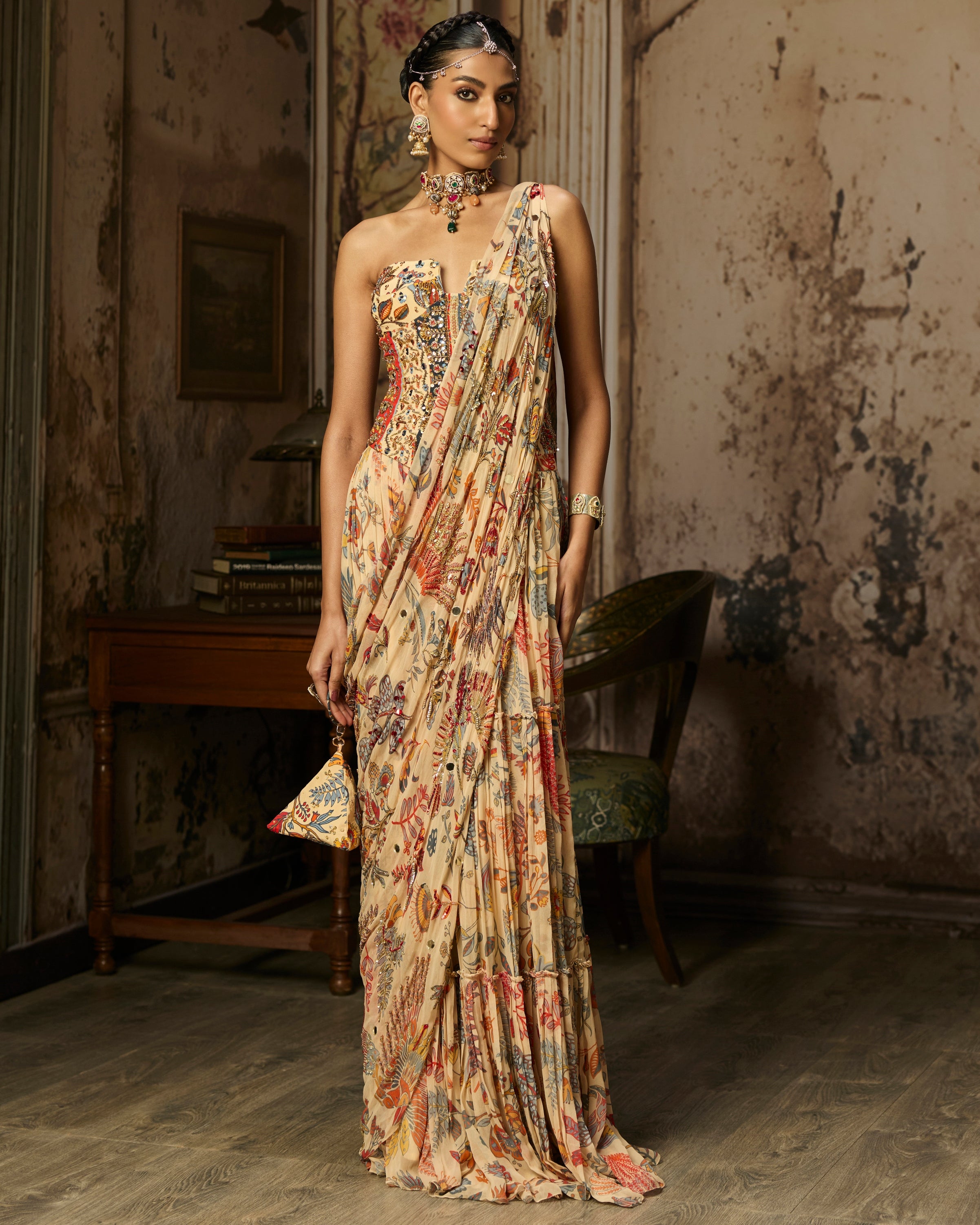 Beige Printed And Highlighted Corset With Tiered Skirt Sari Set