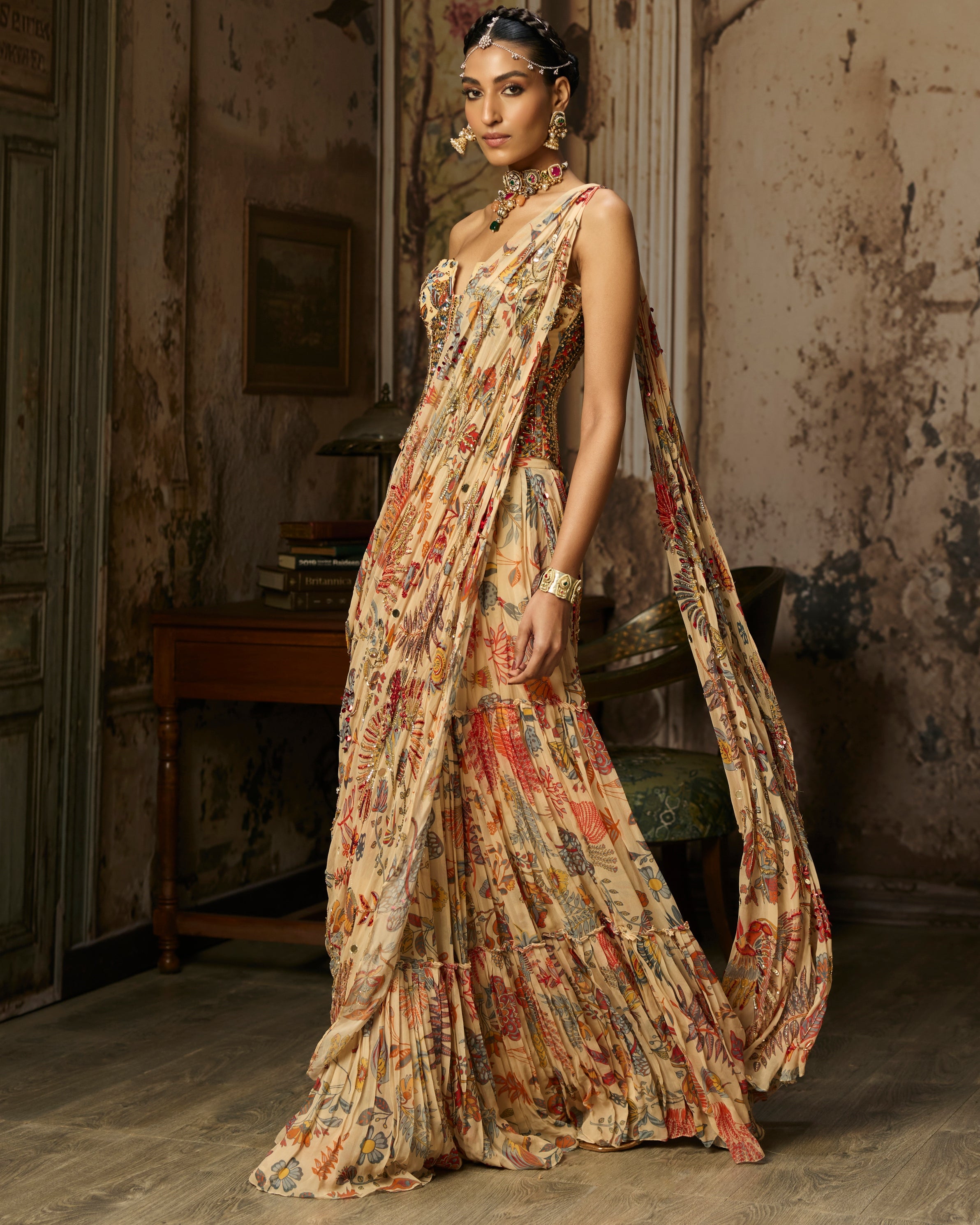 Beige Printed And Highlighted Corset With Tiered Skirt Sari Set