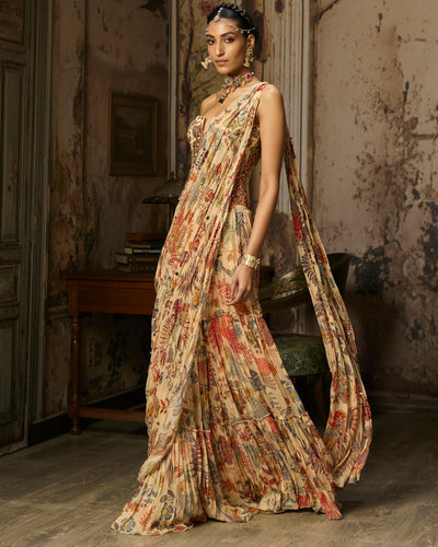 Beige Printed And Highlighted Corset With Tiered Skirt Sari Set