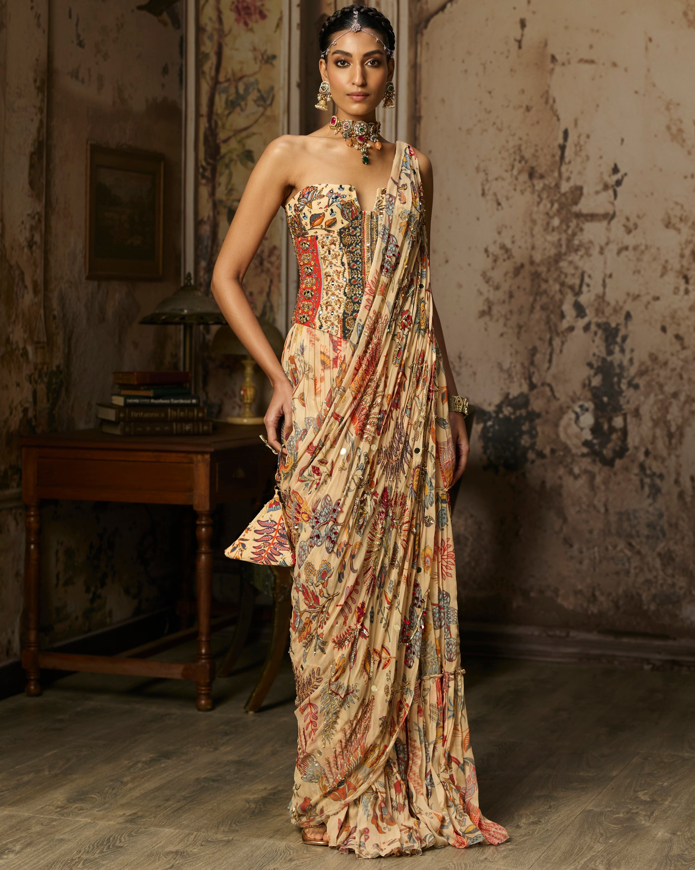 Beige Printed And Highlighted Corset With Tiered Skirt Sari Set