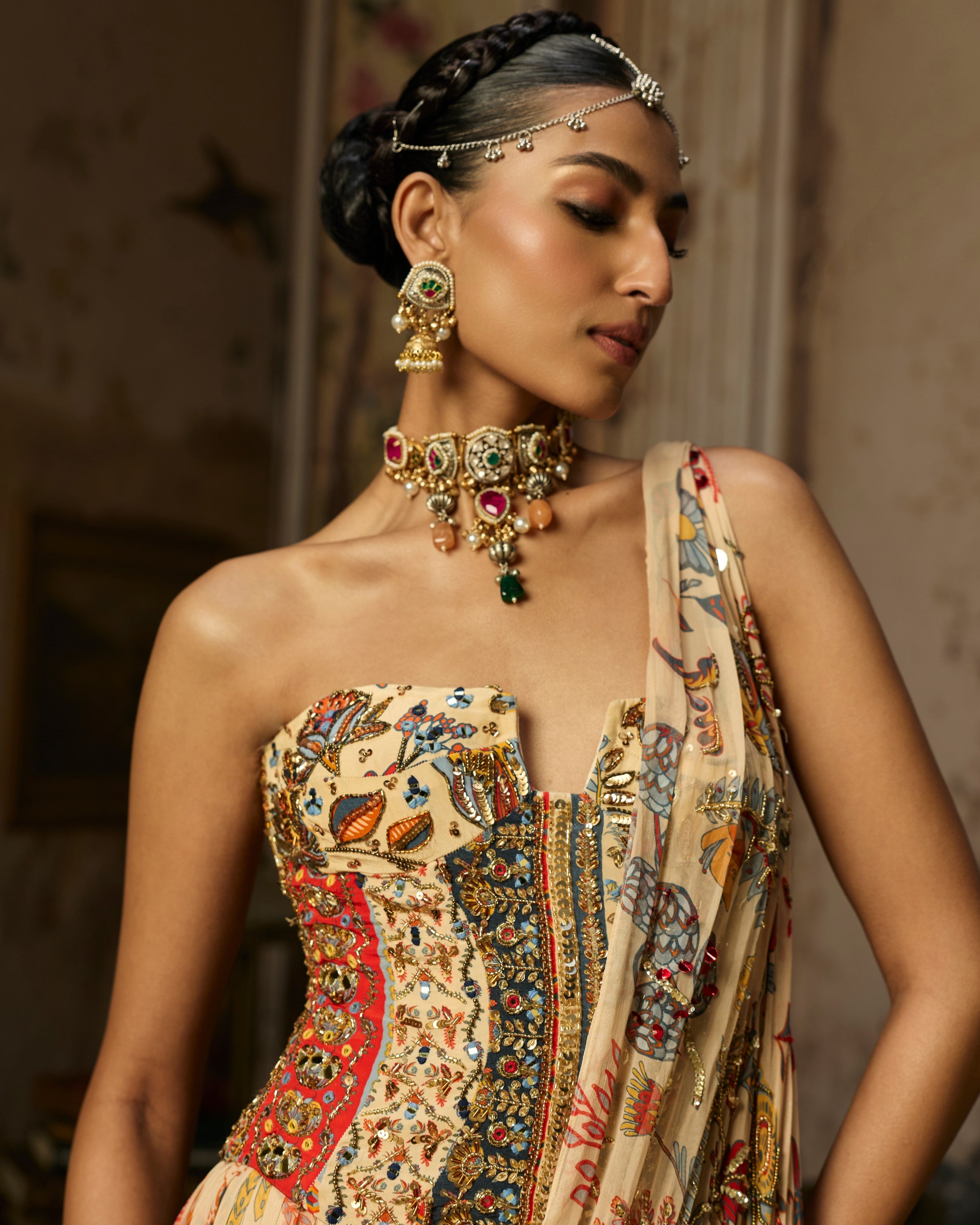 Beige Printed And Highlighted Corset With Tiered Skirt Sari Set