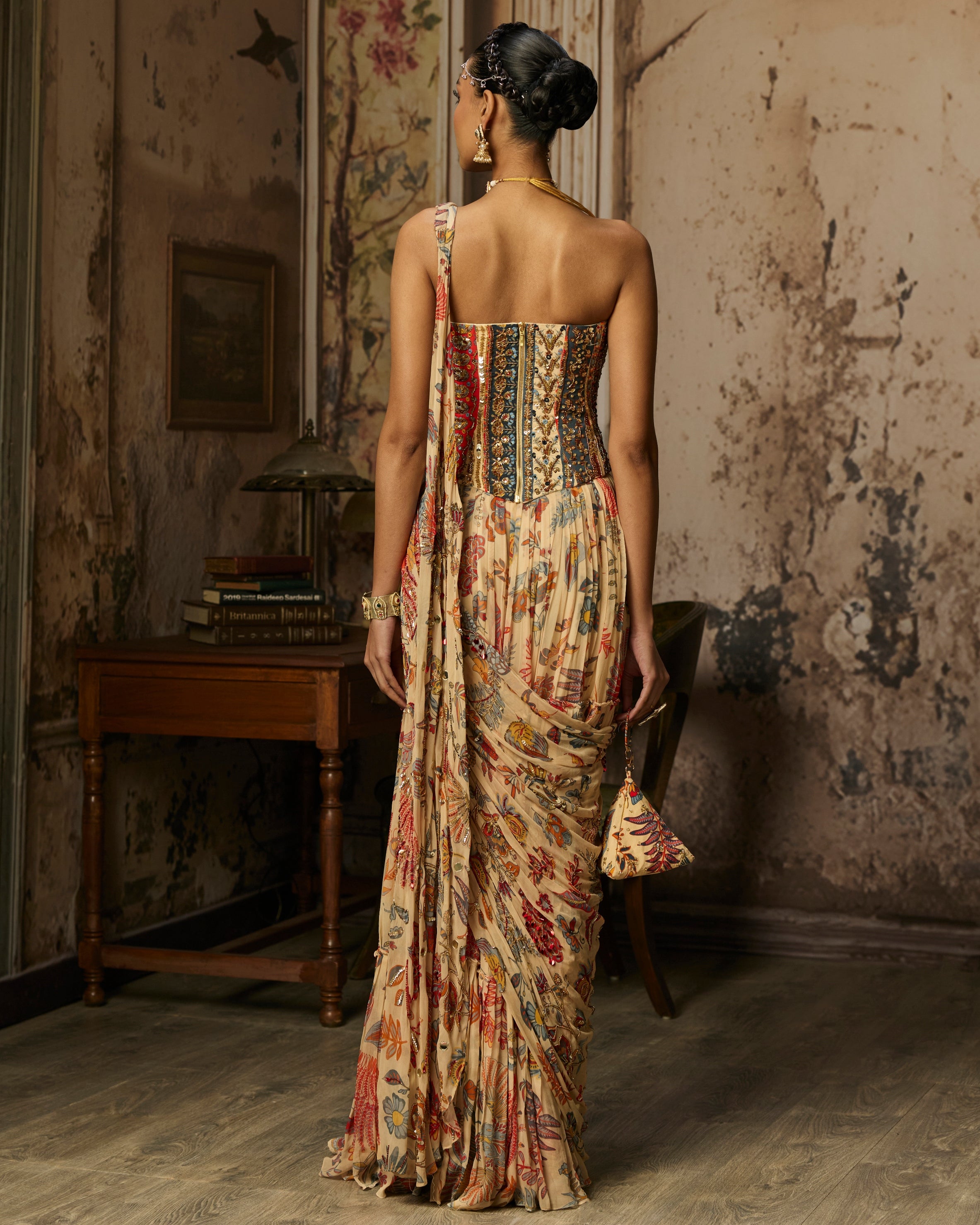 Beige Printed And Highlighted Corset With Tiered Skirt Sari Set