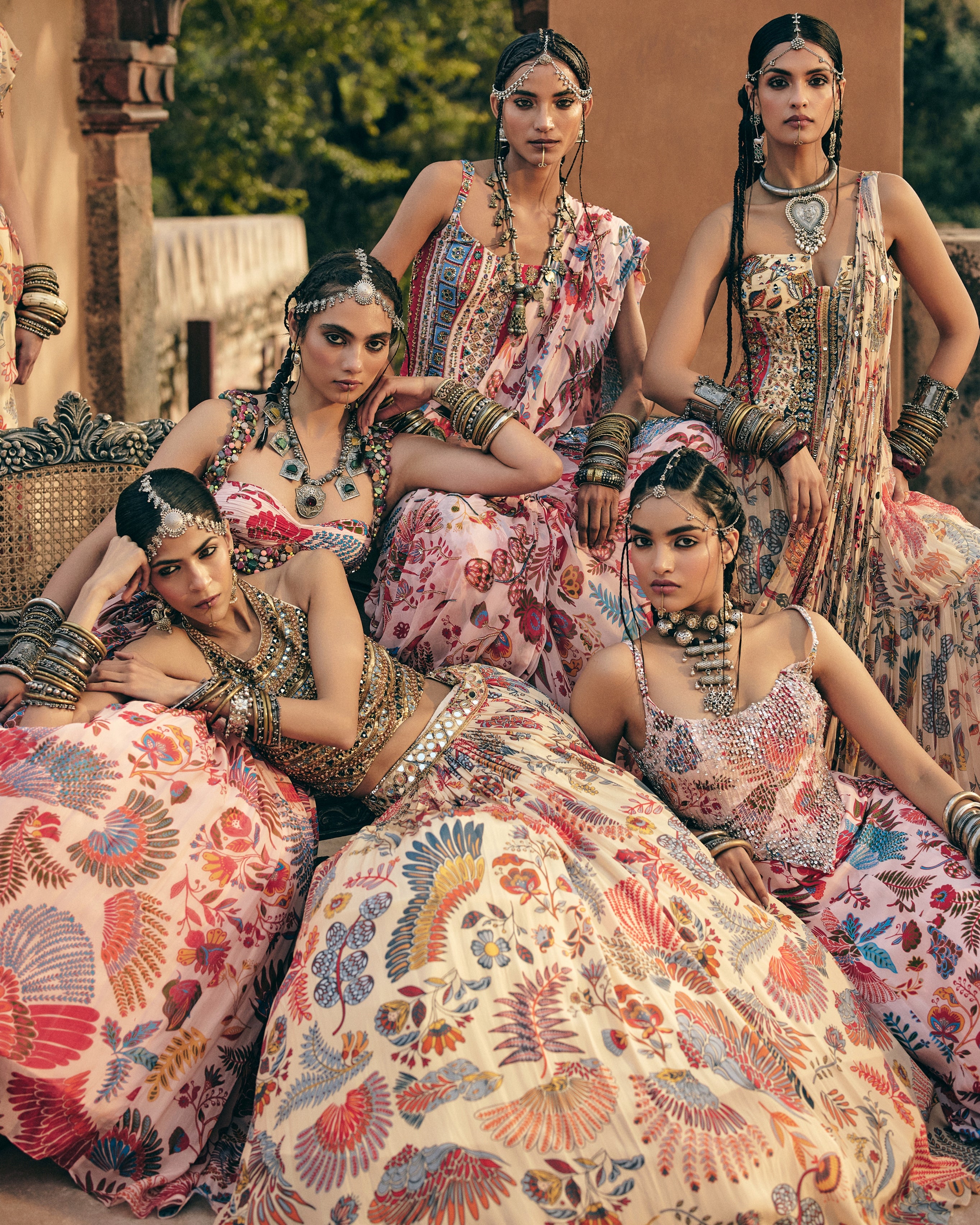 Beige Printed And Highlighted Corset With Tiered Skirt Sari Set