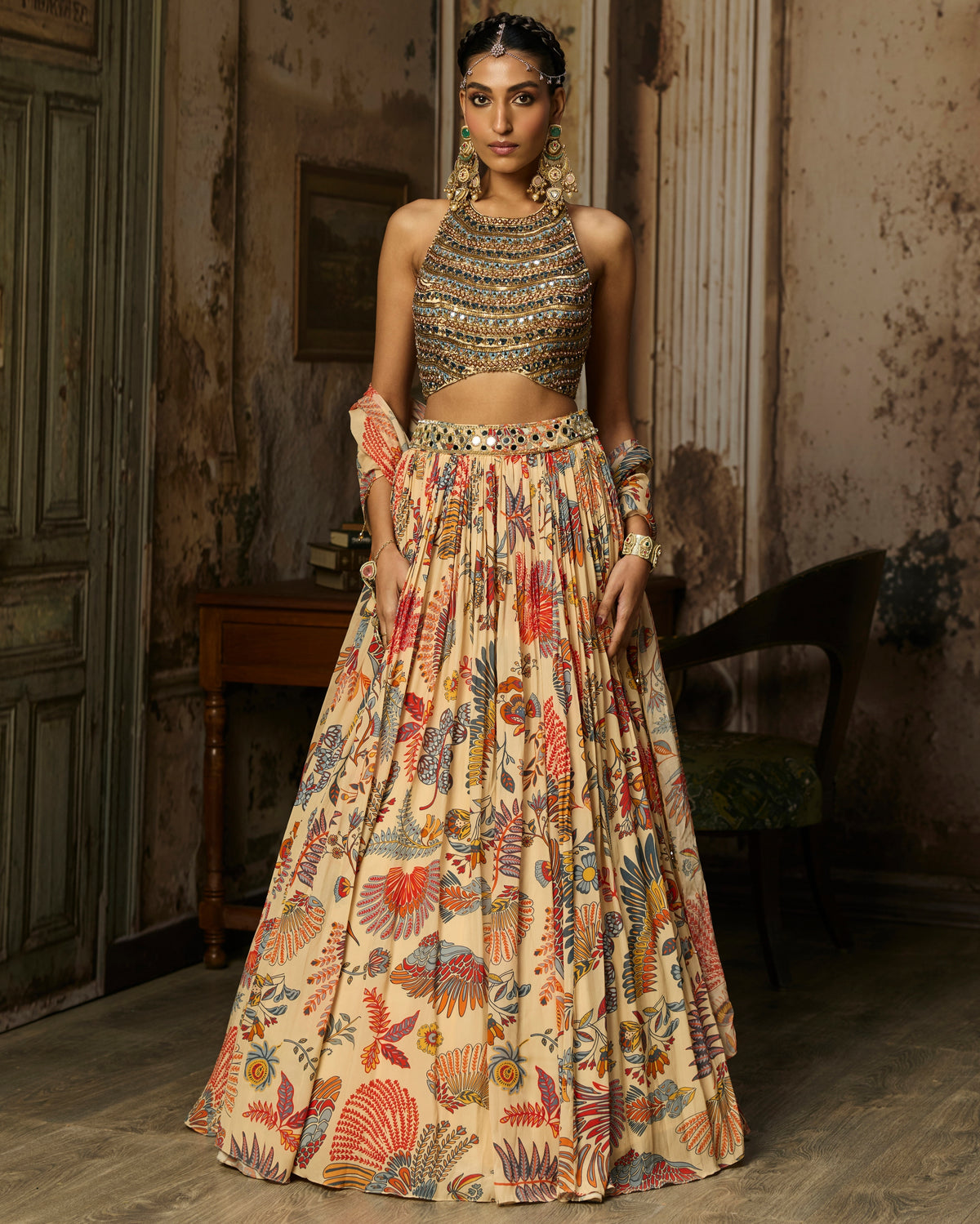 Beige Embroidered Blouse With Printed And Embroidered Lehenga Set