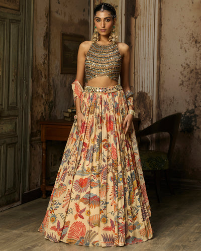 Beige Embroidered Blouse With Printed And Embroidered Lehenga Set