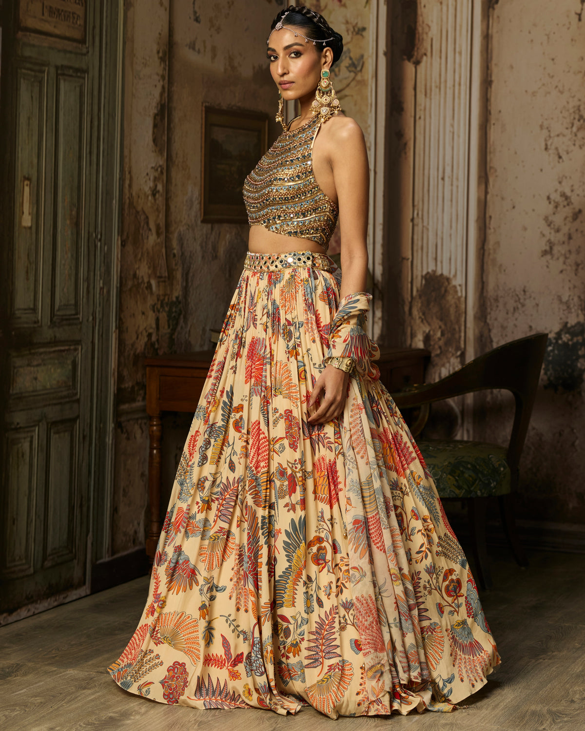 Beige Embroidered Blouse With Printed And Embroidered Lehenga Set