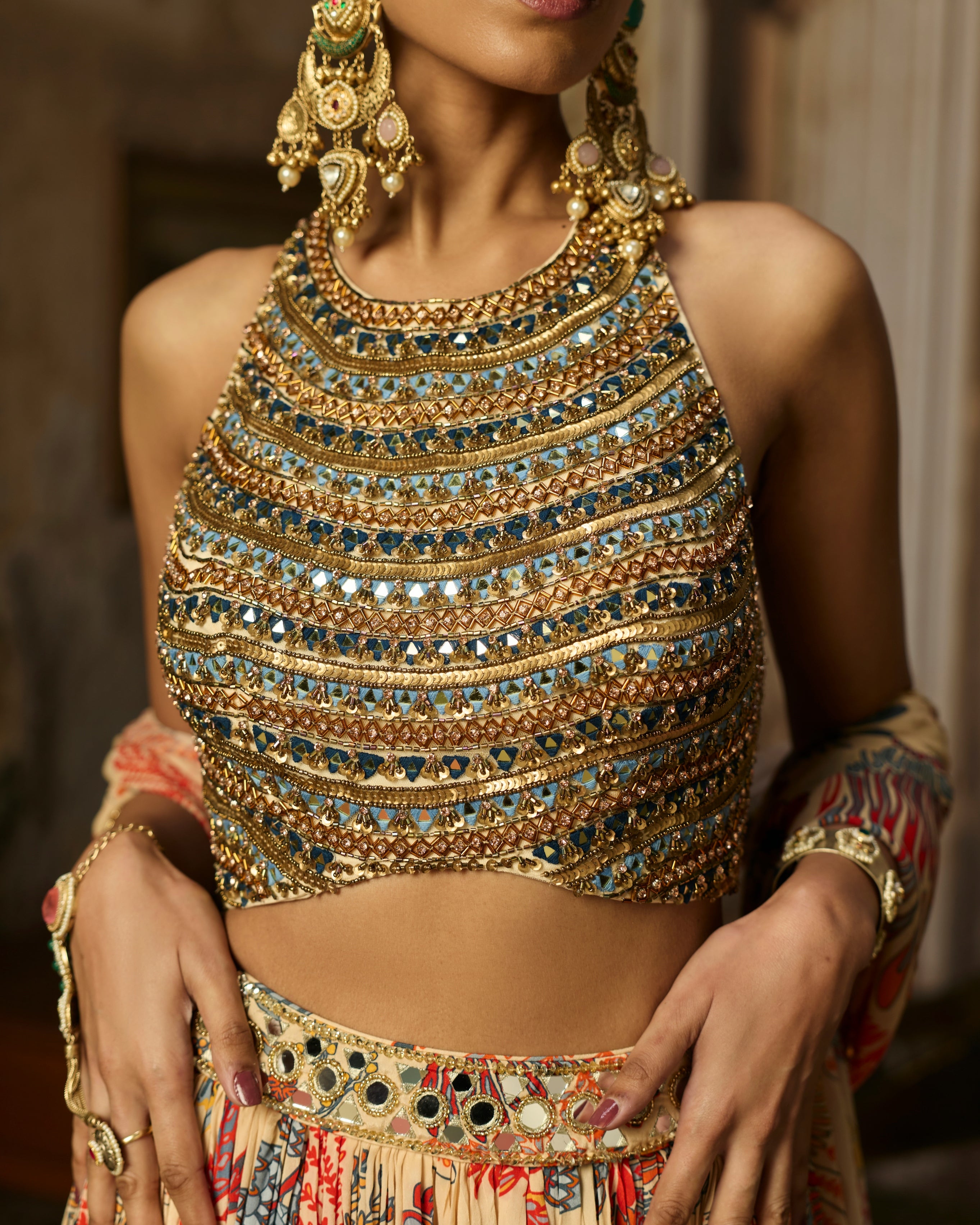 Beige Embroidered Blouse With Printed And Embroidered Lehenga Set