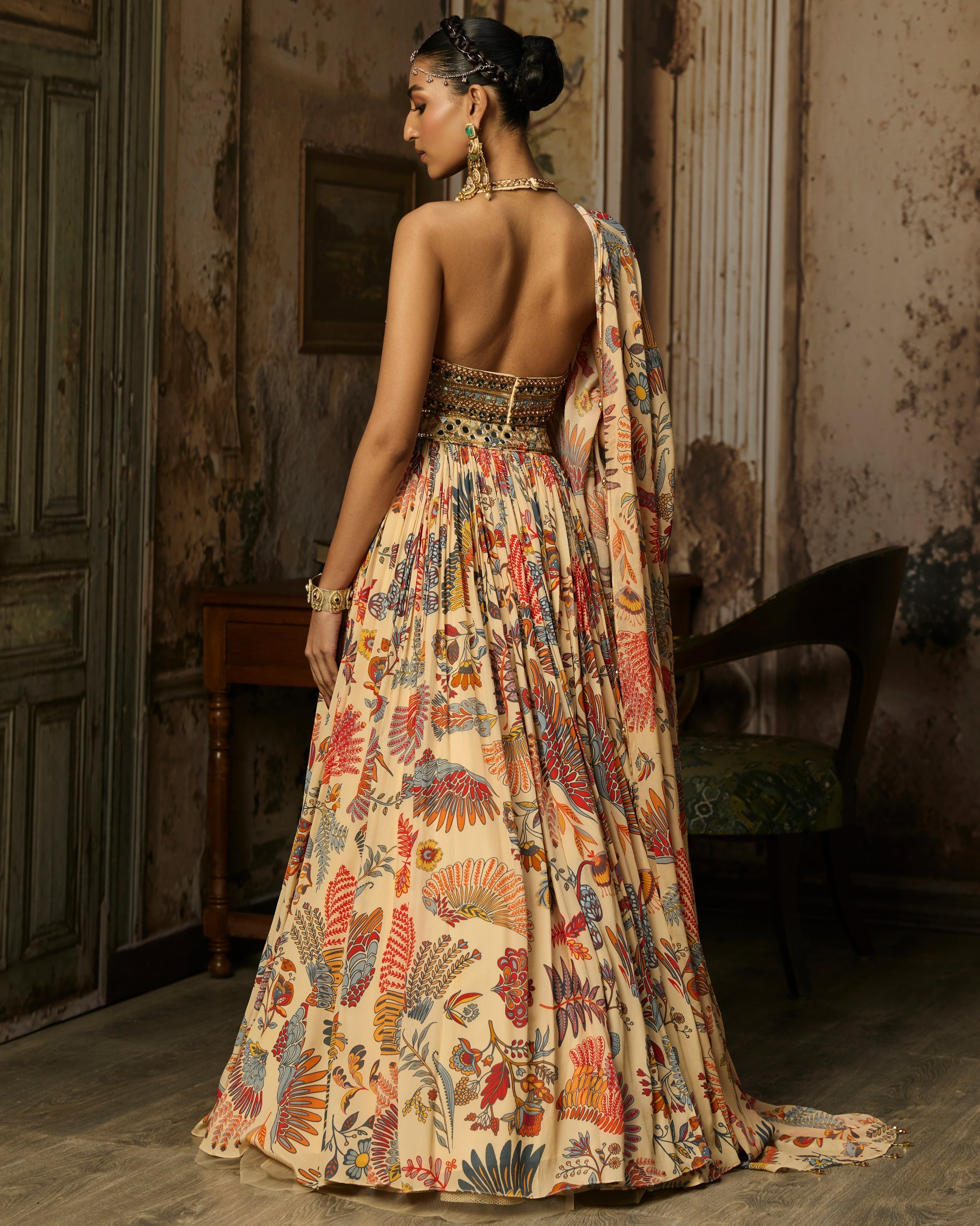 Beige Embroidered Blouse With Printed And Embroidered Lehenga Set