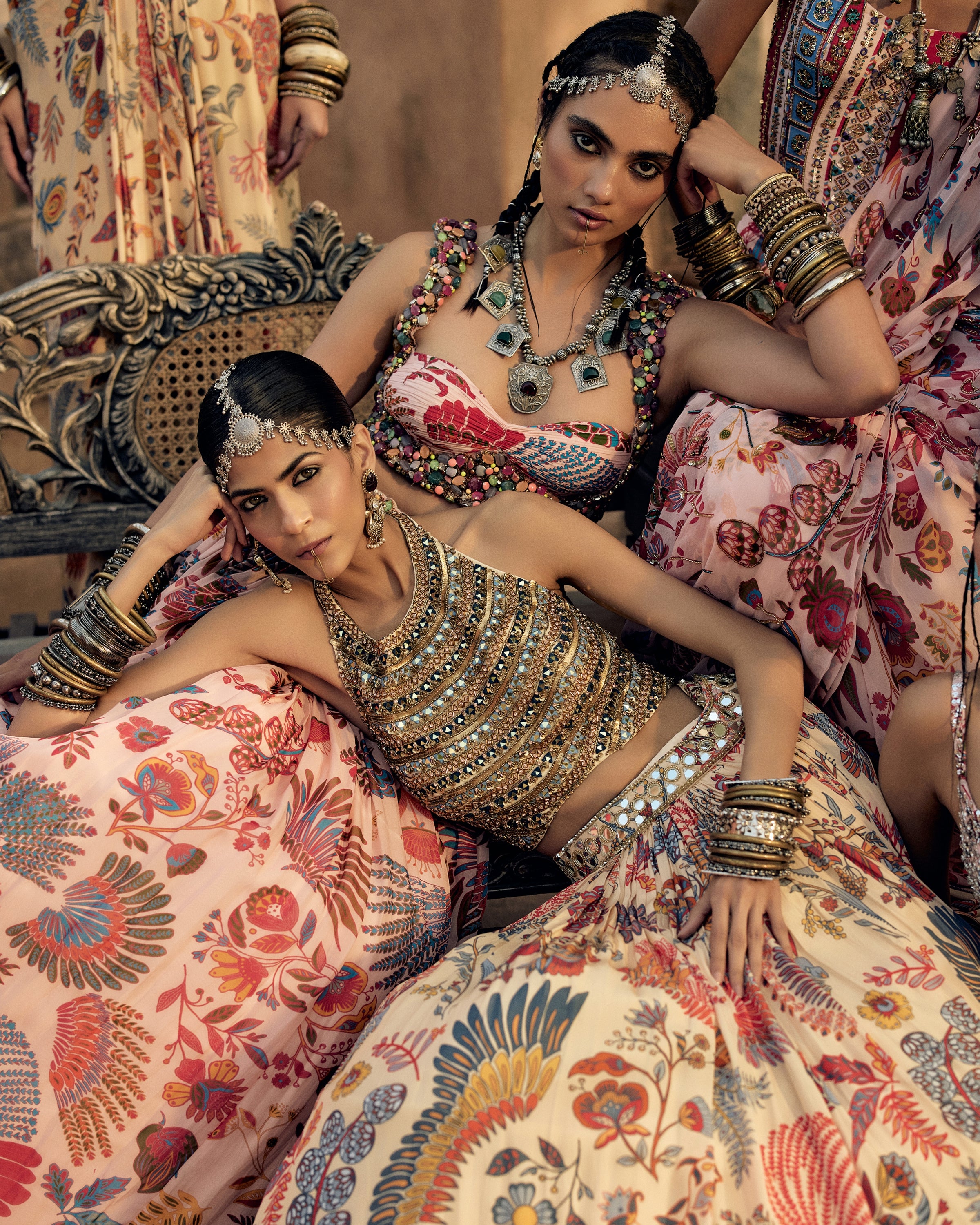 Beige Embroidered Blouse With Printed And Embroidered Lehenga Set