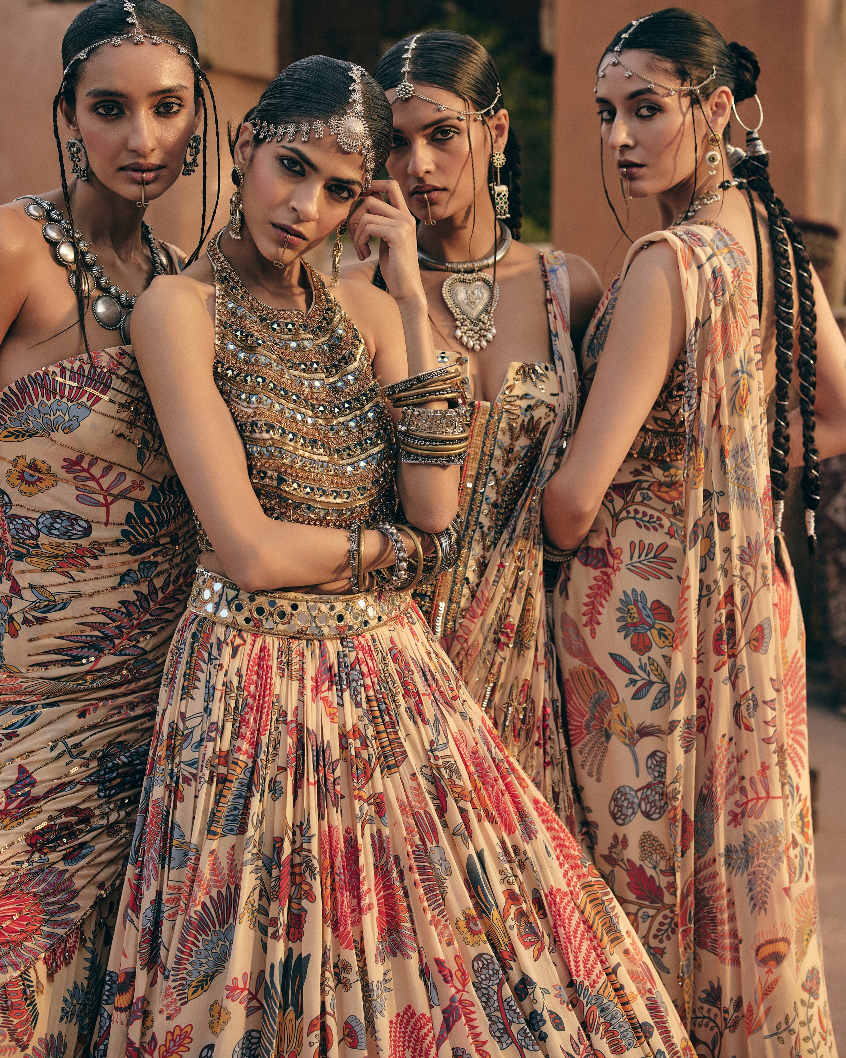 Beige Embroidered Blouse With Printed And Embroidered Lehenga Set