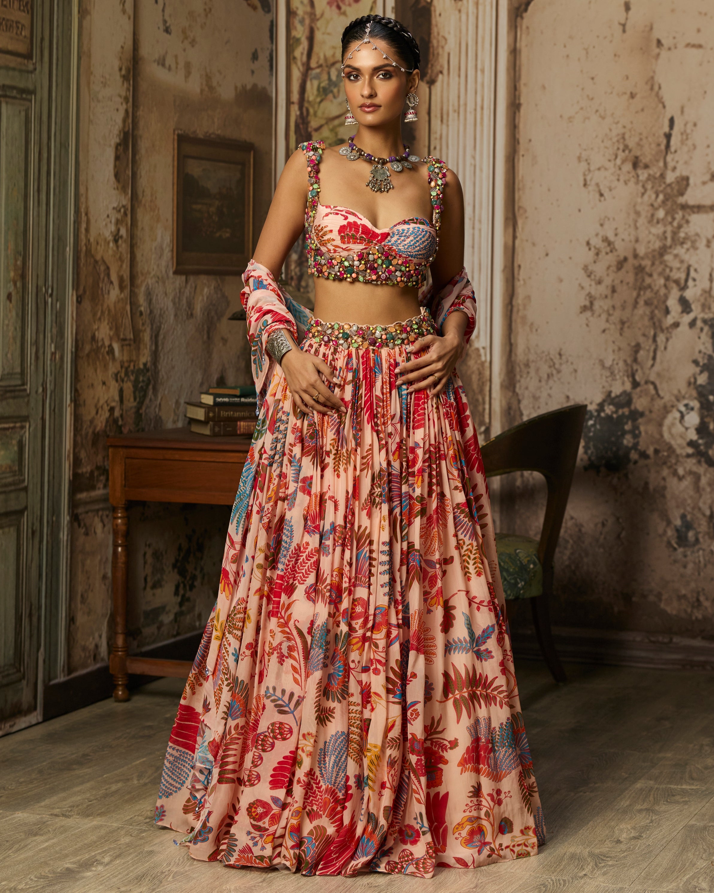 Blush Pink Stone Embroidered Blouse With Printed Lehenga Set