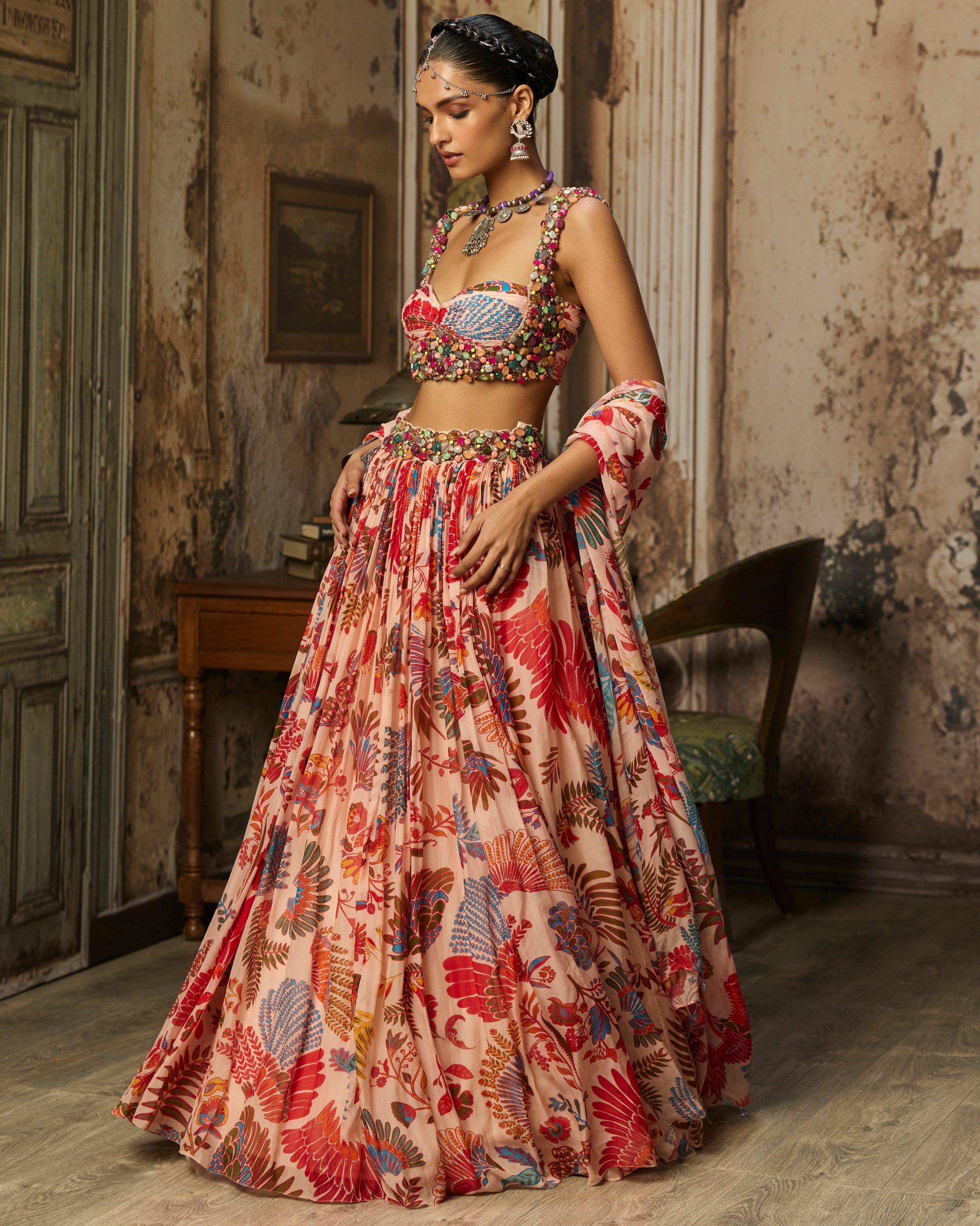 Blush Pink Stone Embroidered Blouse With Printed Lehenga Set