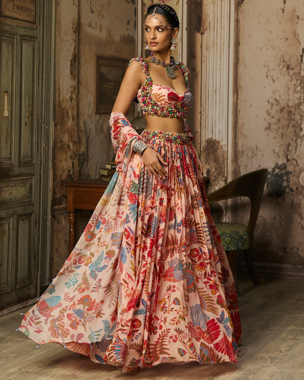 Blush Pink Stone Embroidered Blouse With Printed Lehenga Set