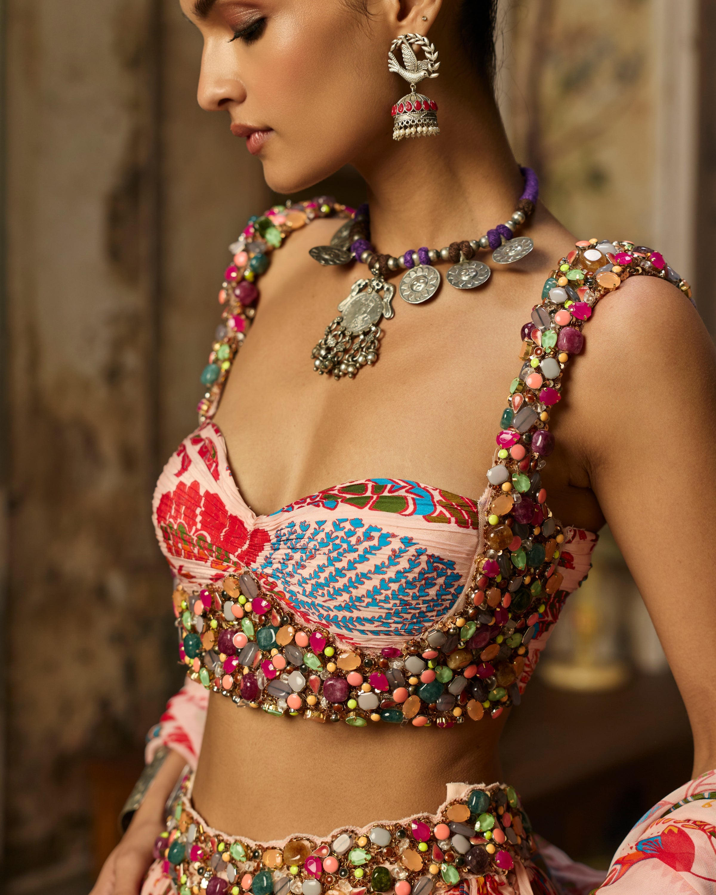 Blush Pink Stone Embroidered Blouse With Printed Lehenga Set