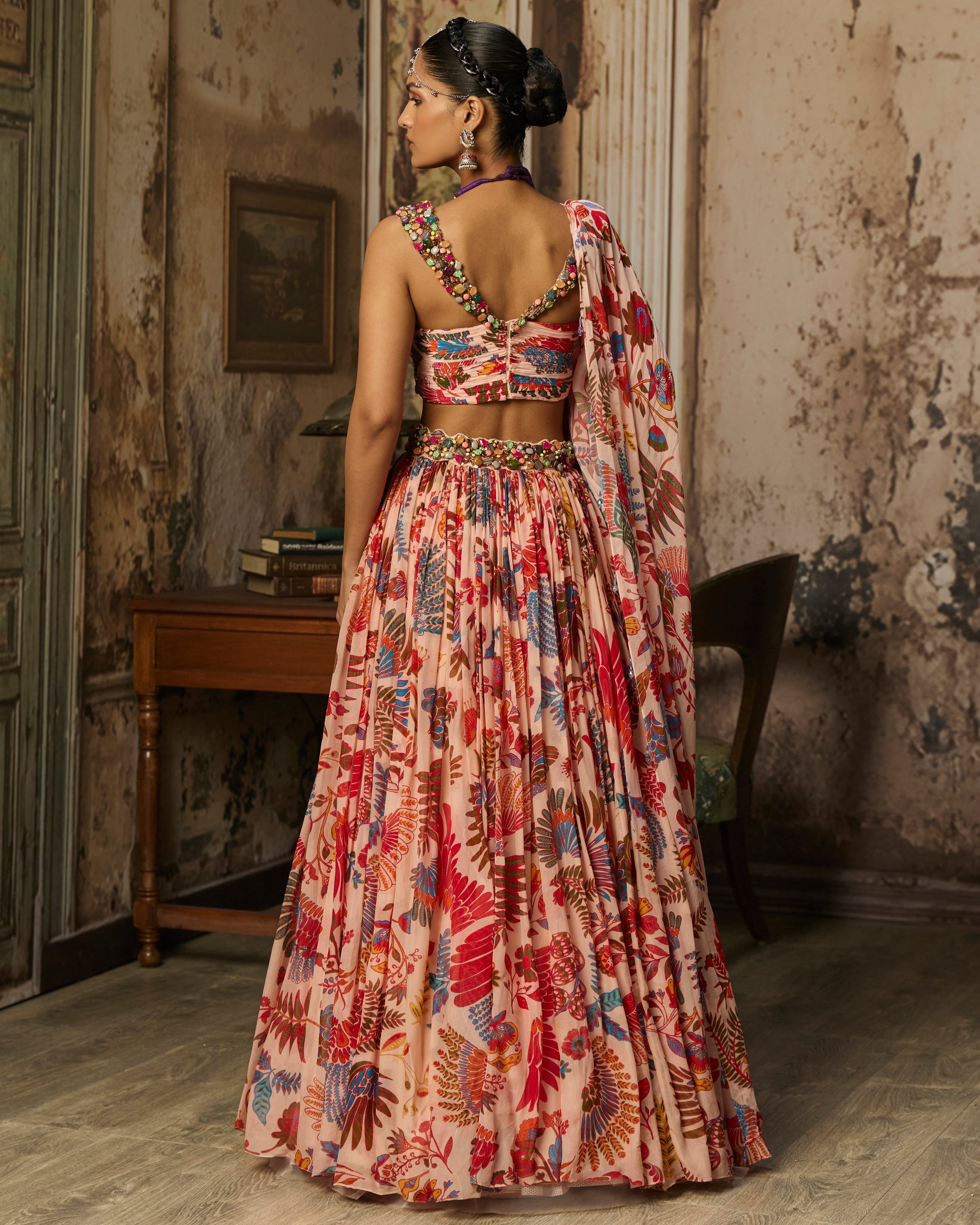 Blush Pink Stone Embroidered Blouse With Printed Lehenga Set