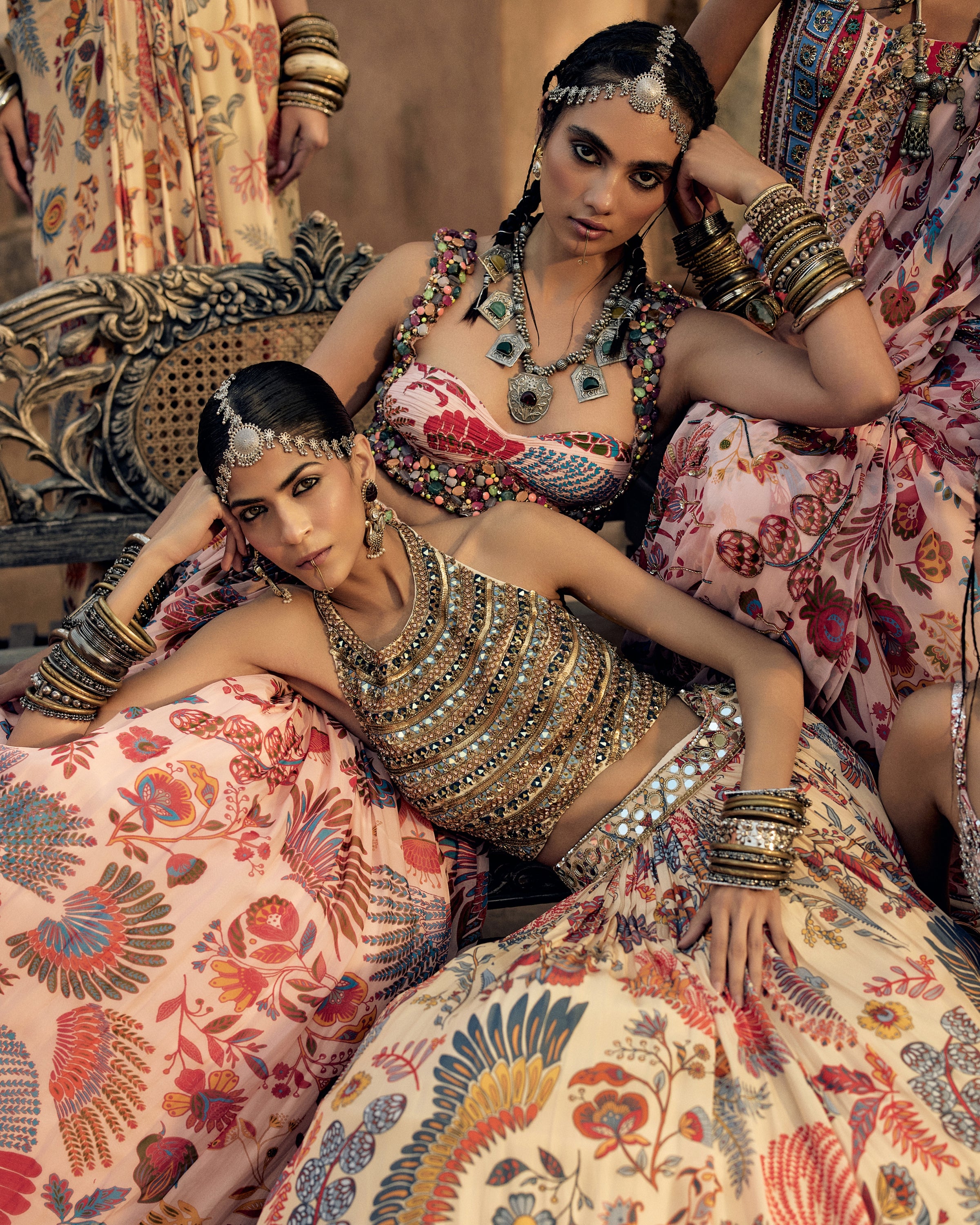 Blush Pink Stone Embroidered Blouse With Printed Lehenga Set