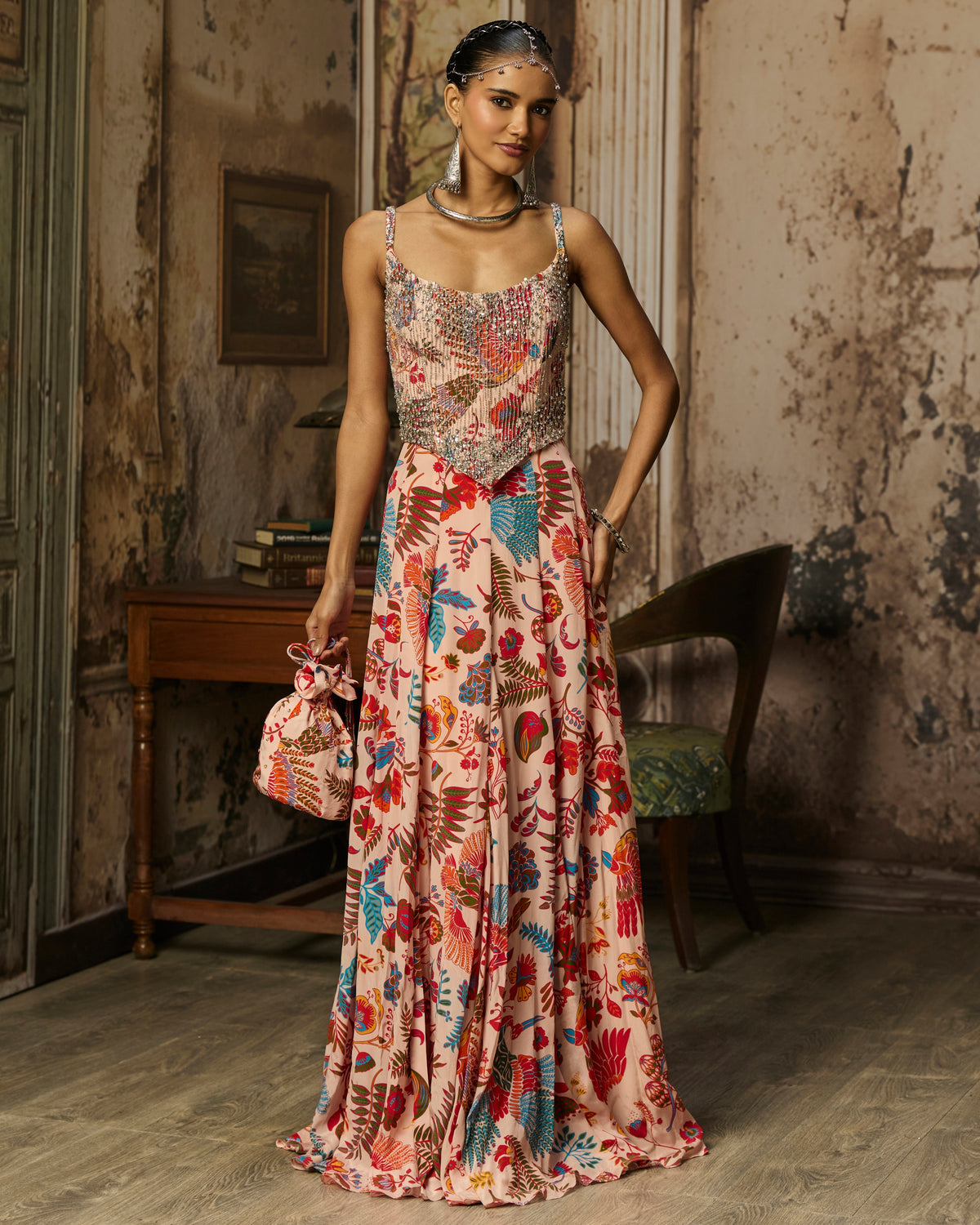 Blush Pink Printed And Highlighted Corset Gown