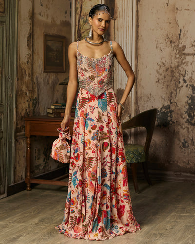 Blush Pink Printed And Highlighted Corset Gown