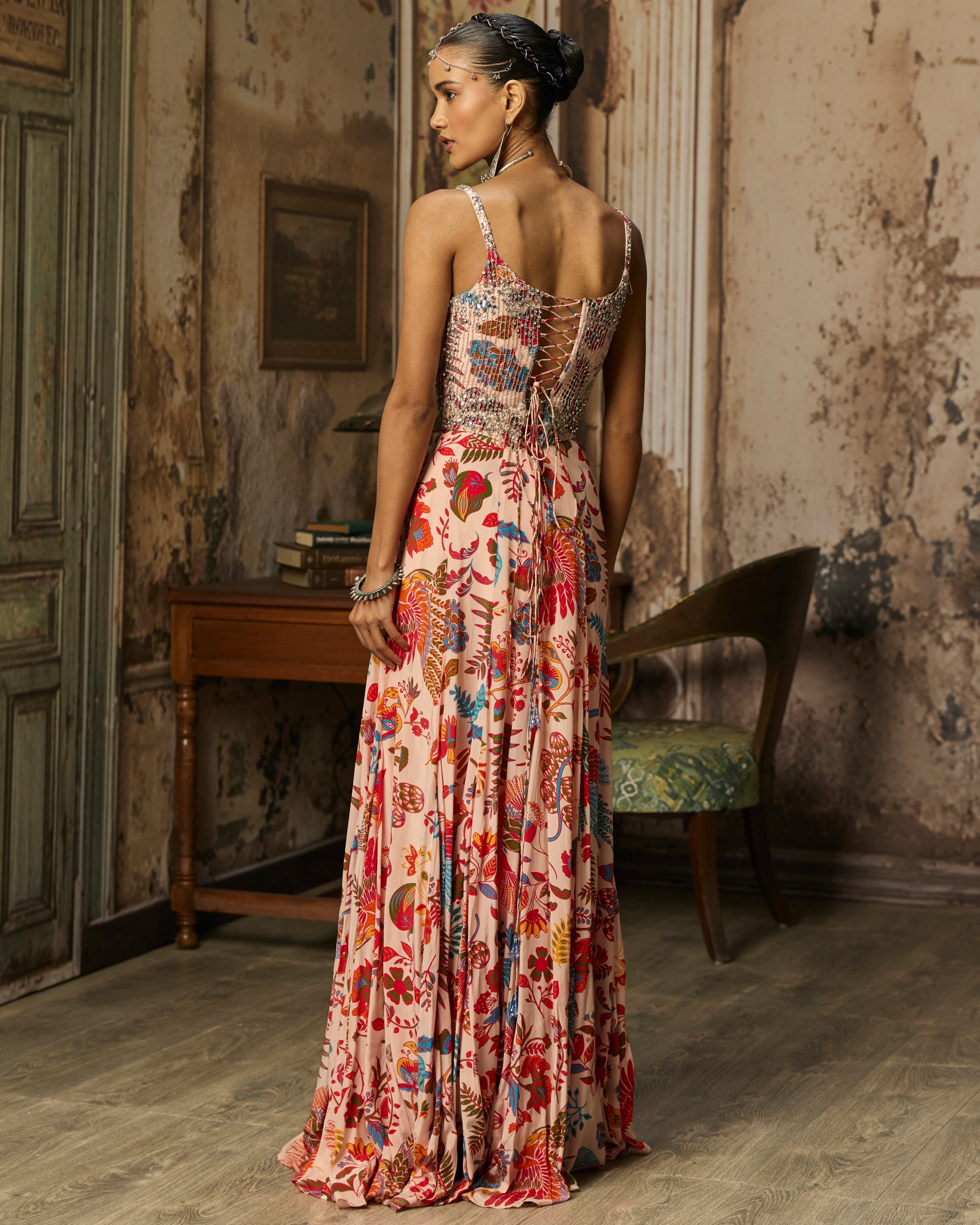 Blush Pink Printed And Highlighted Corset Gown