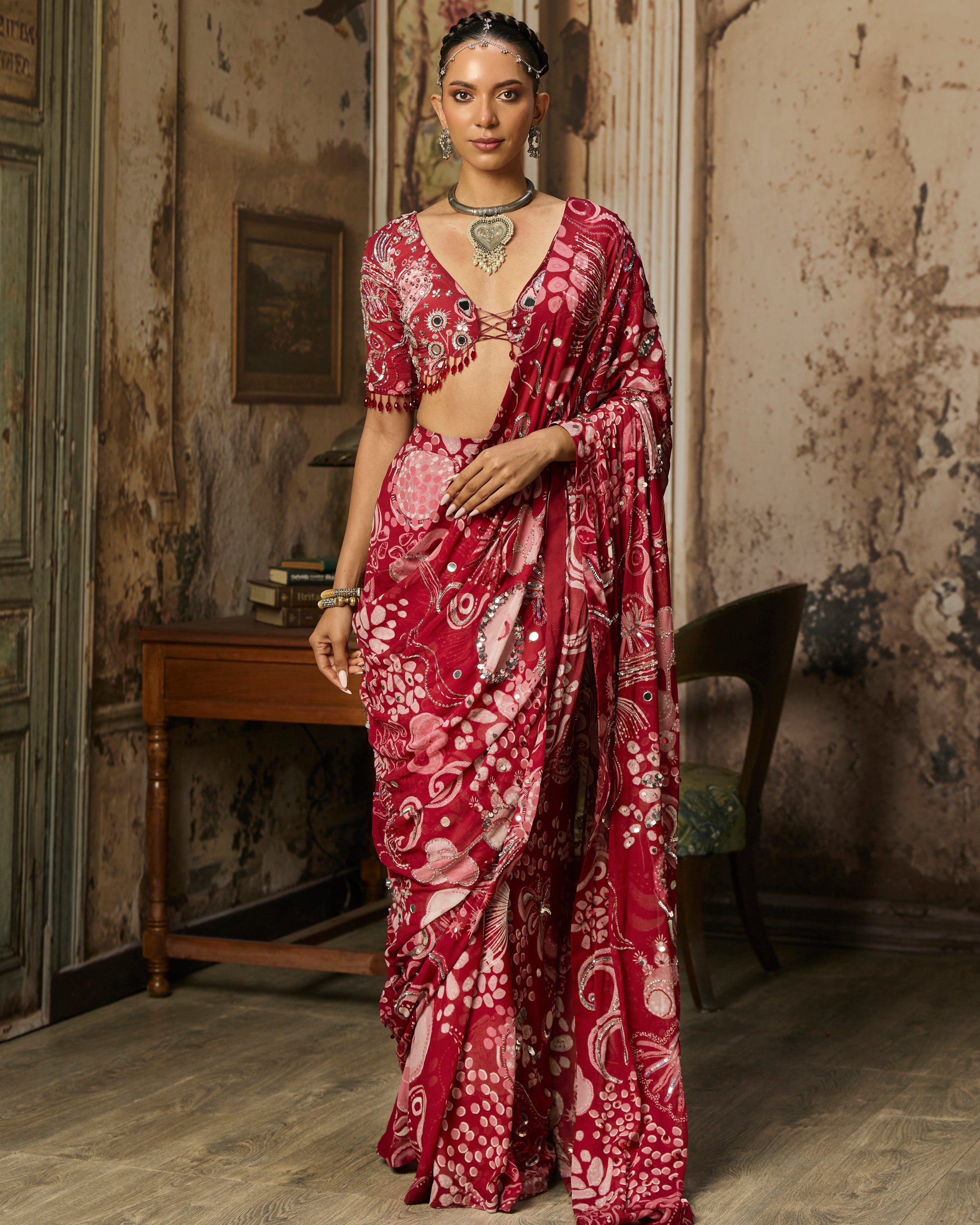 Scarlet Red Printed And Highlighted Classic Sari Set