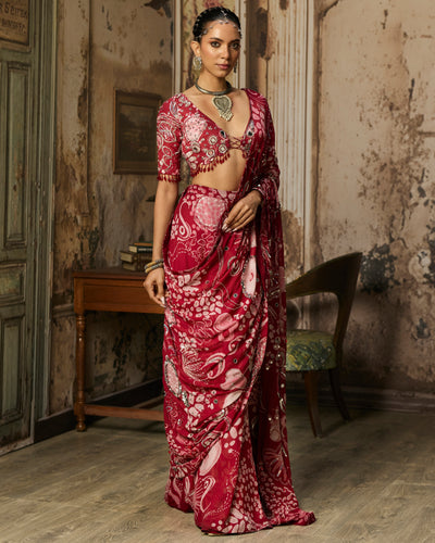 Scarlet Red Printed And Highlighted Classic Sari Set