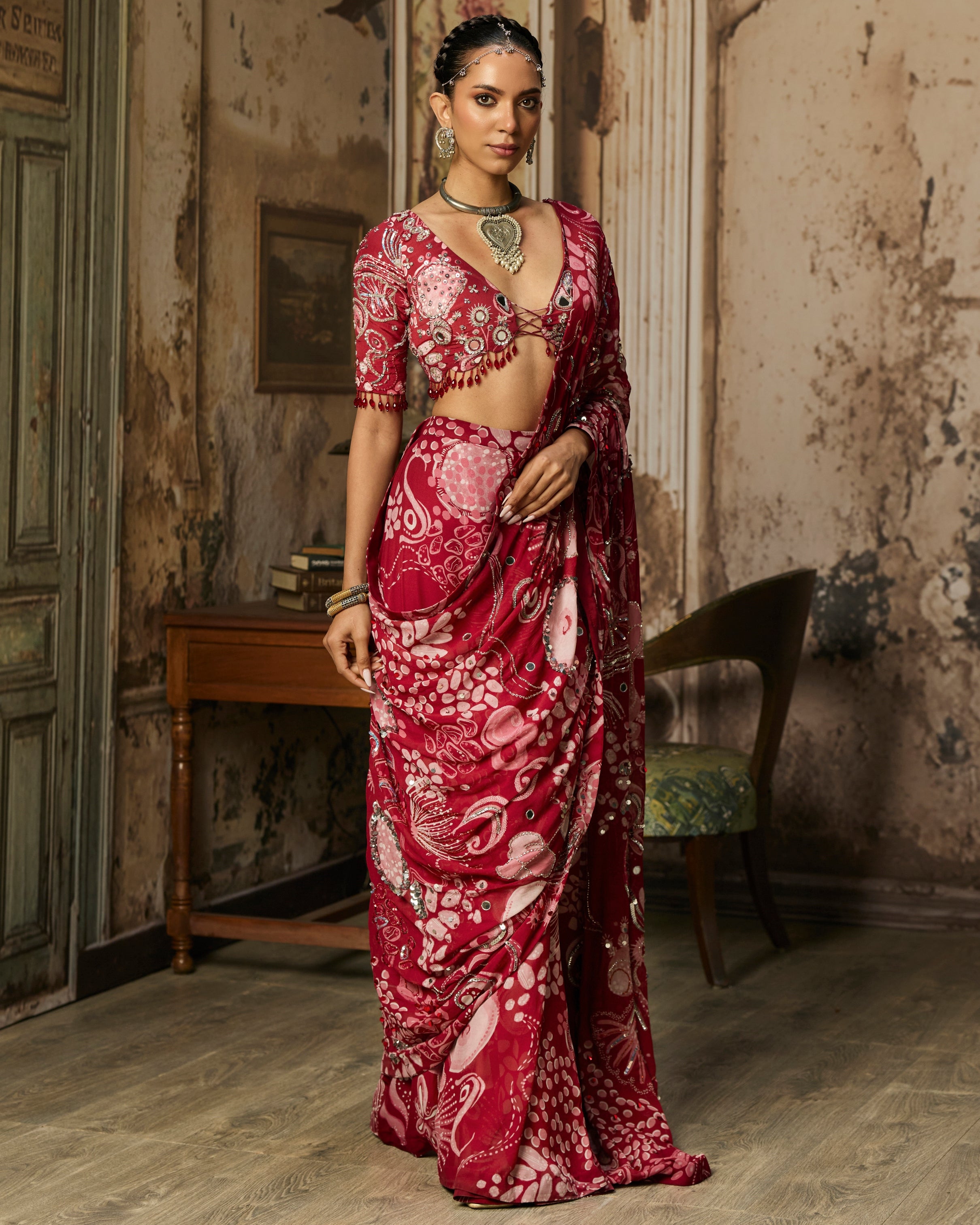 Scarlet Red Printed And Highlighted Classic Sari Set