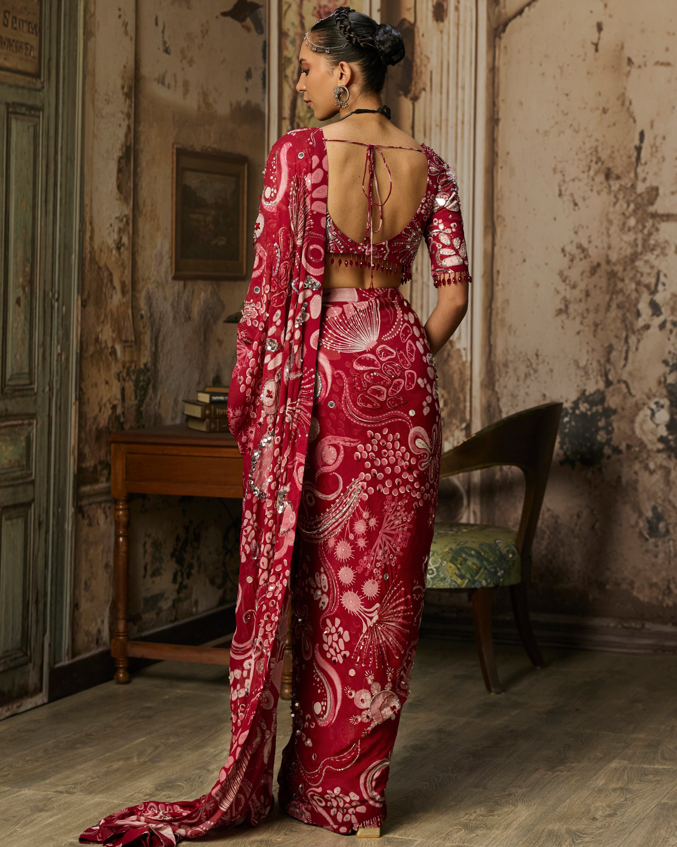 Scarlet Red Printed And Highlighted Classic Sari Set