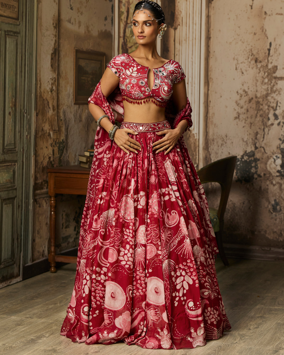 Scarlet Red Printed And Highlighted Lehenga Set