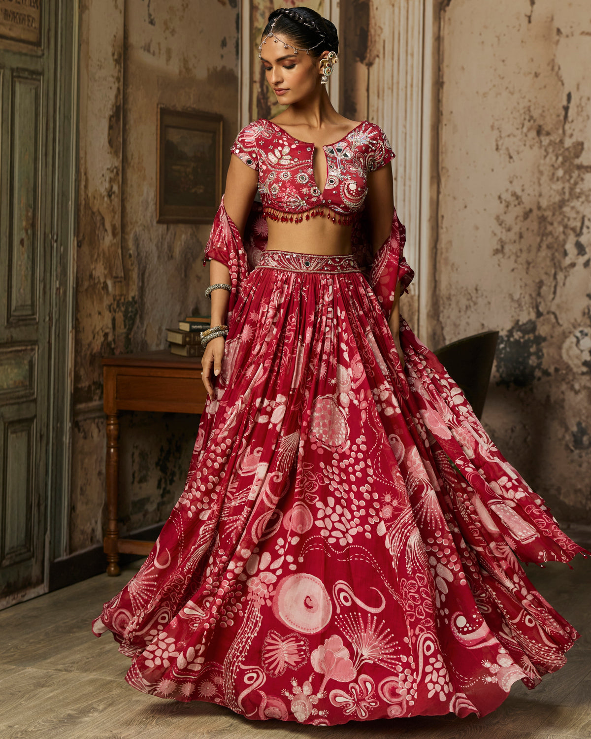 Scarlet Red Printed And Highlighted Lehenga Set