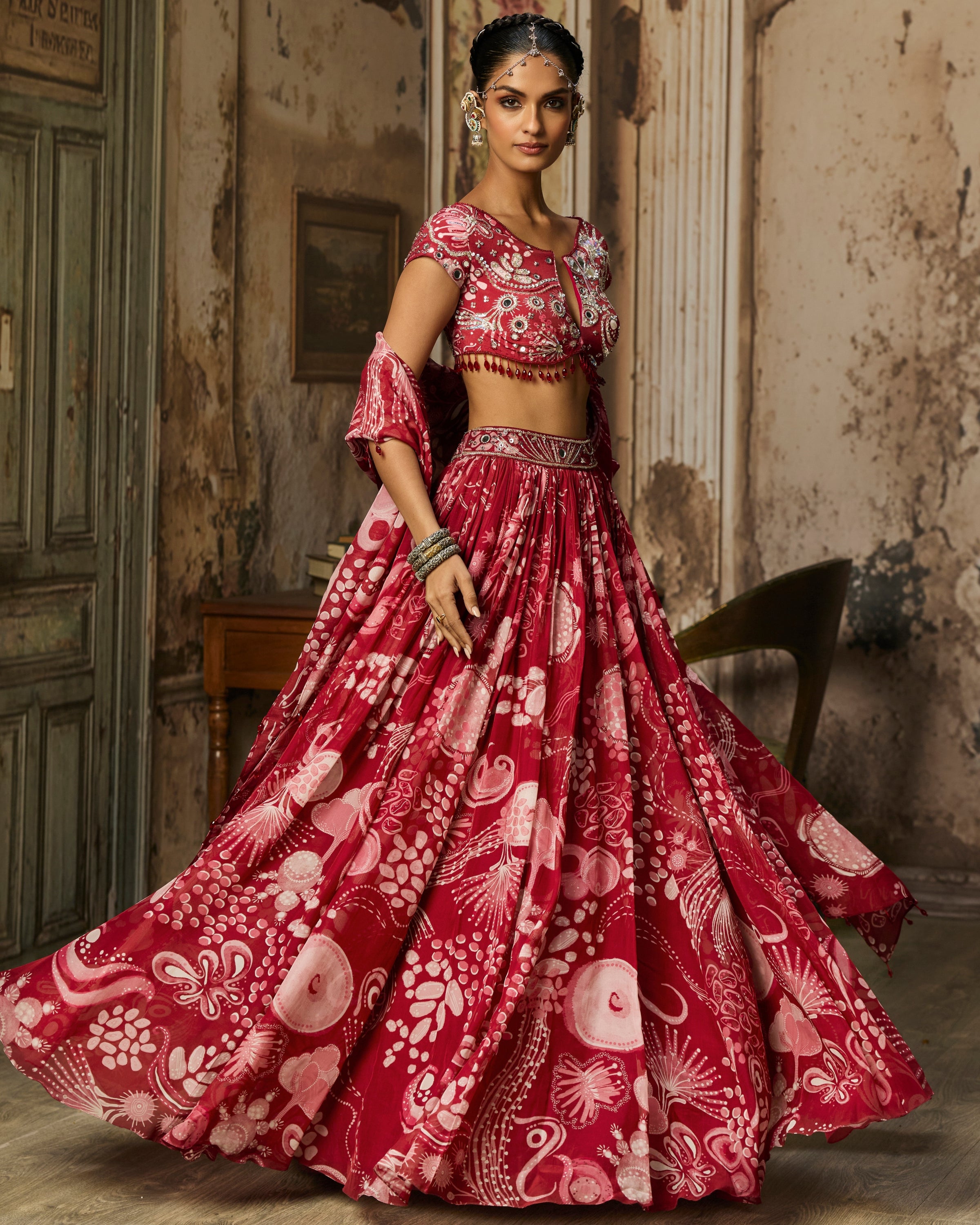 Scarlet Red Printed And Highlighted Lehenga Set