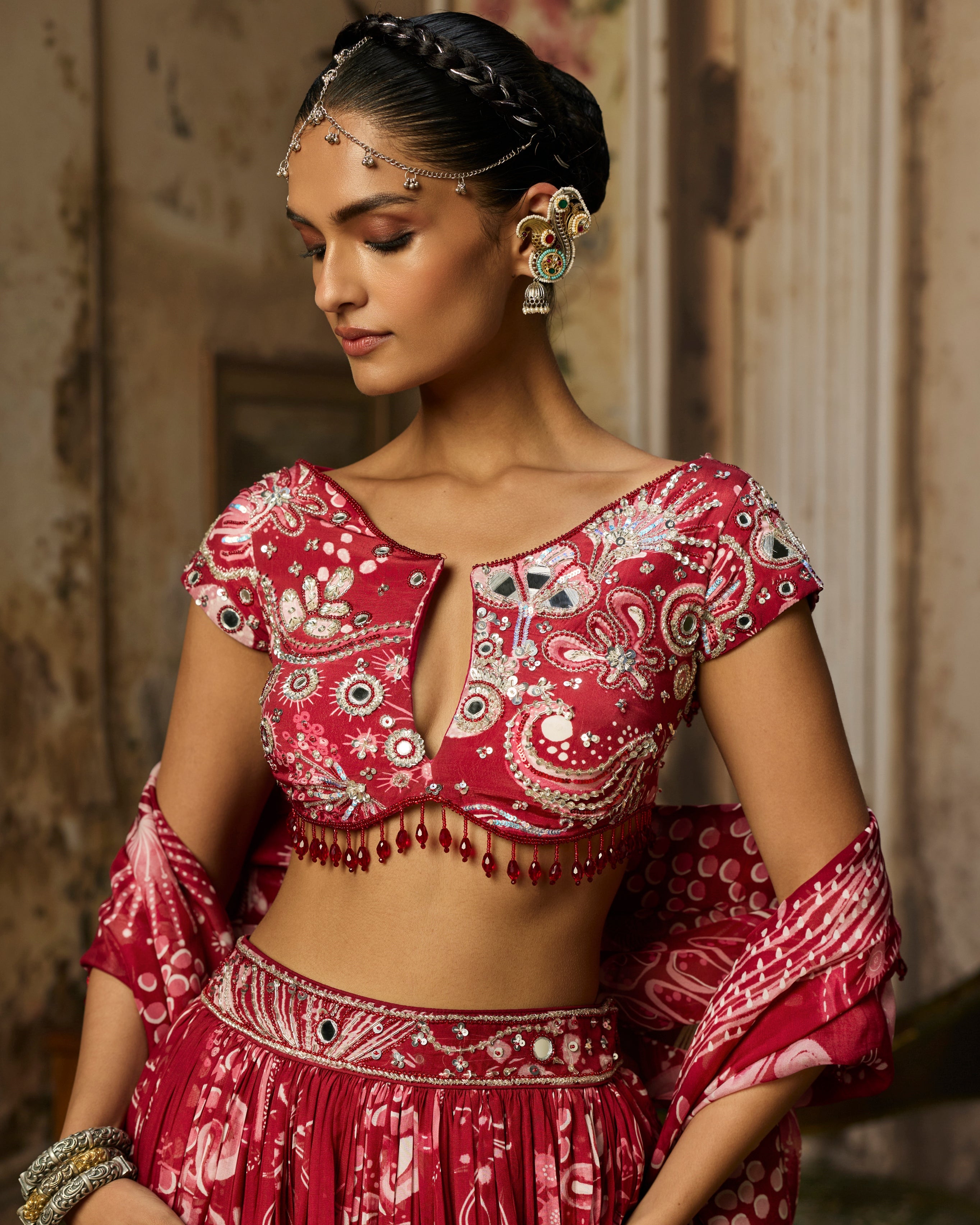 Scarlet Red Printed And Highlighted Lehenga Set