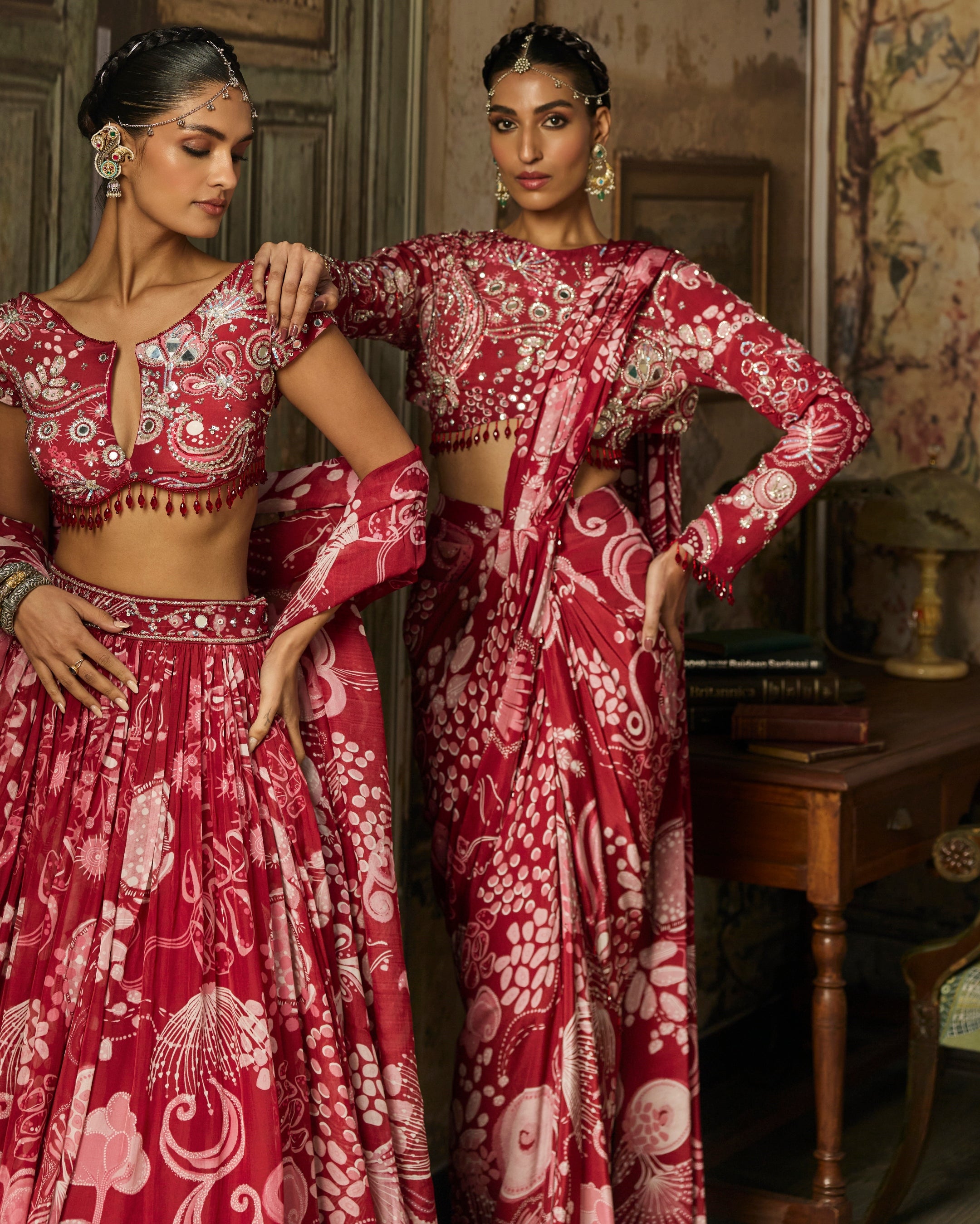 Scarlet Red Printed And Highlighted Dhoti Skirt Sari Set