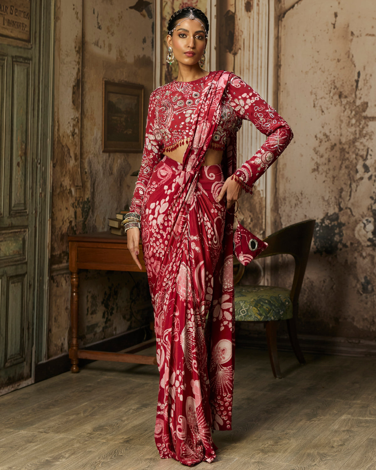 Scarlet Red Printed And Highlighted Dhoti Skirt Sari Set