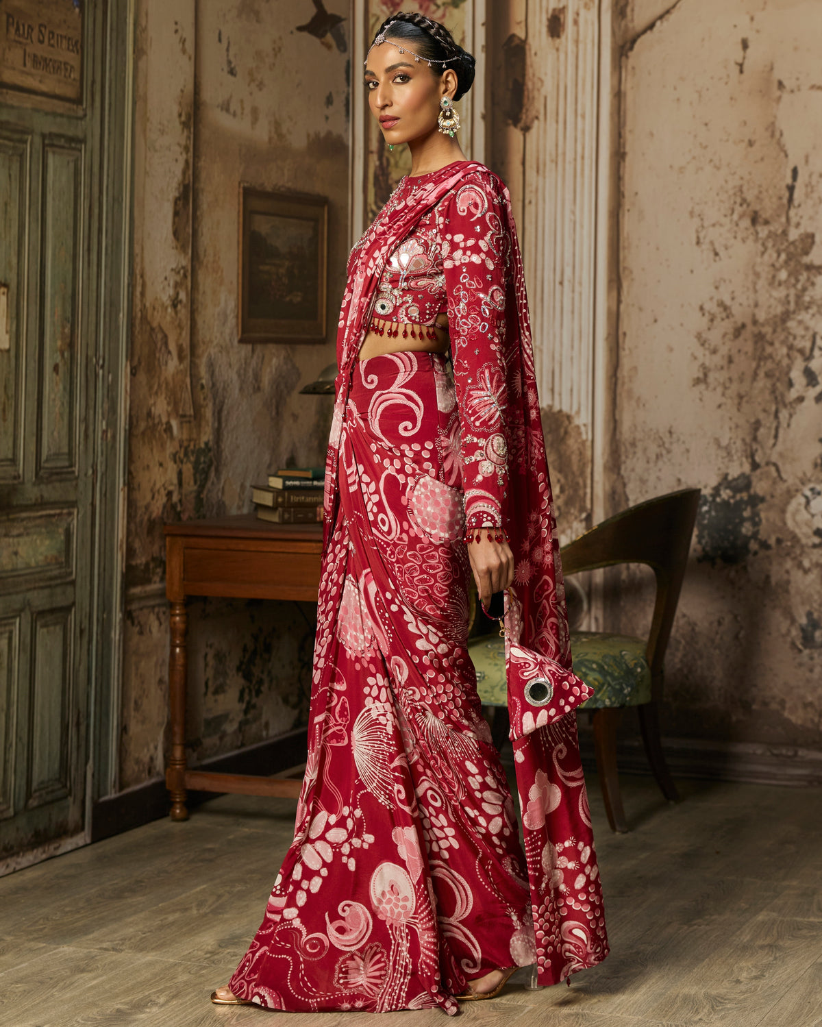 Scarlet Red Printed And Highlighted Dhoti Skirt Sari Set