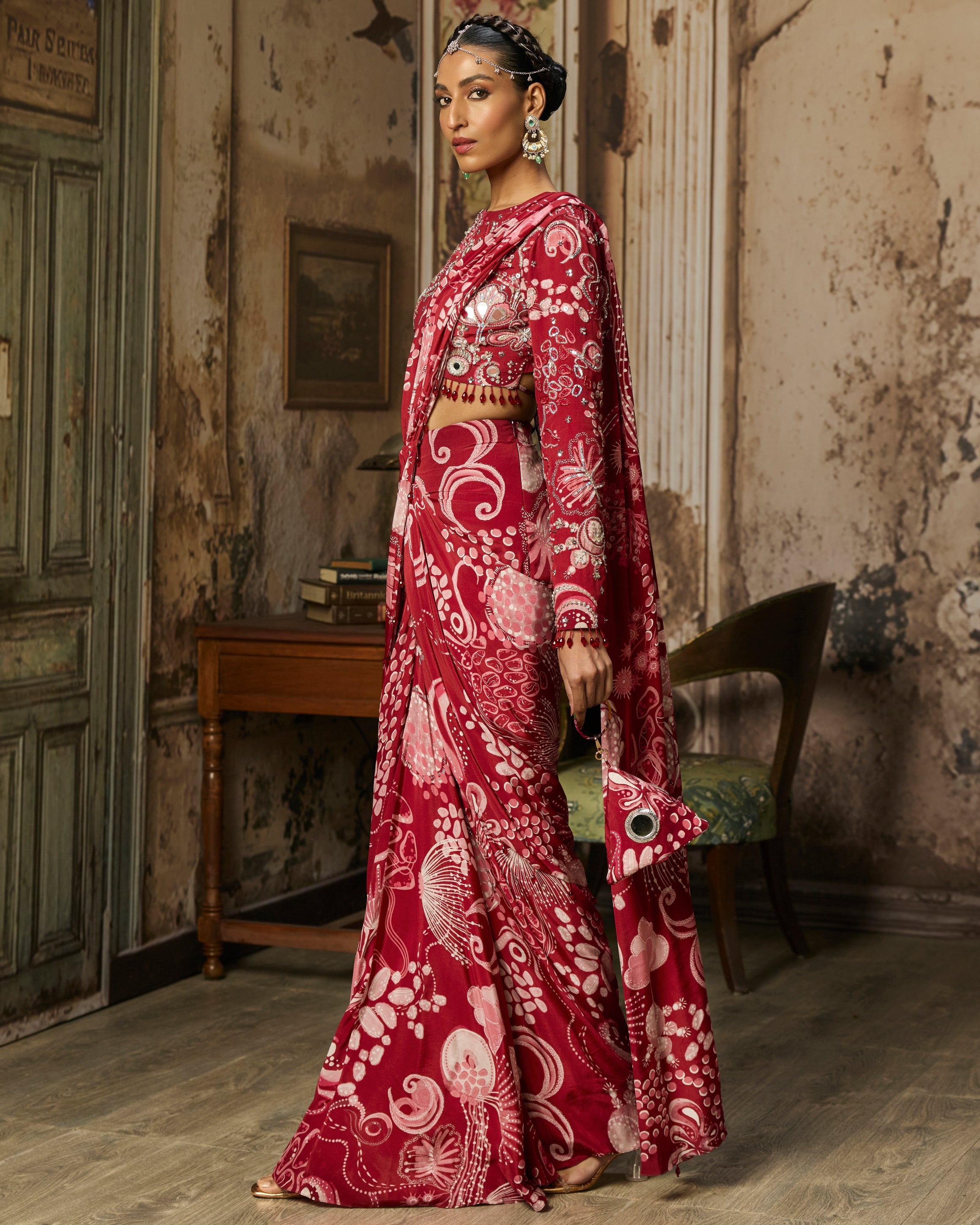 Scarlet Red Printed And Highlighted Dhoti Skirt Sari Set